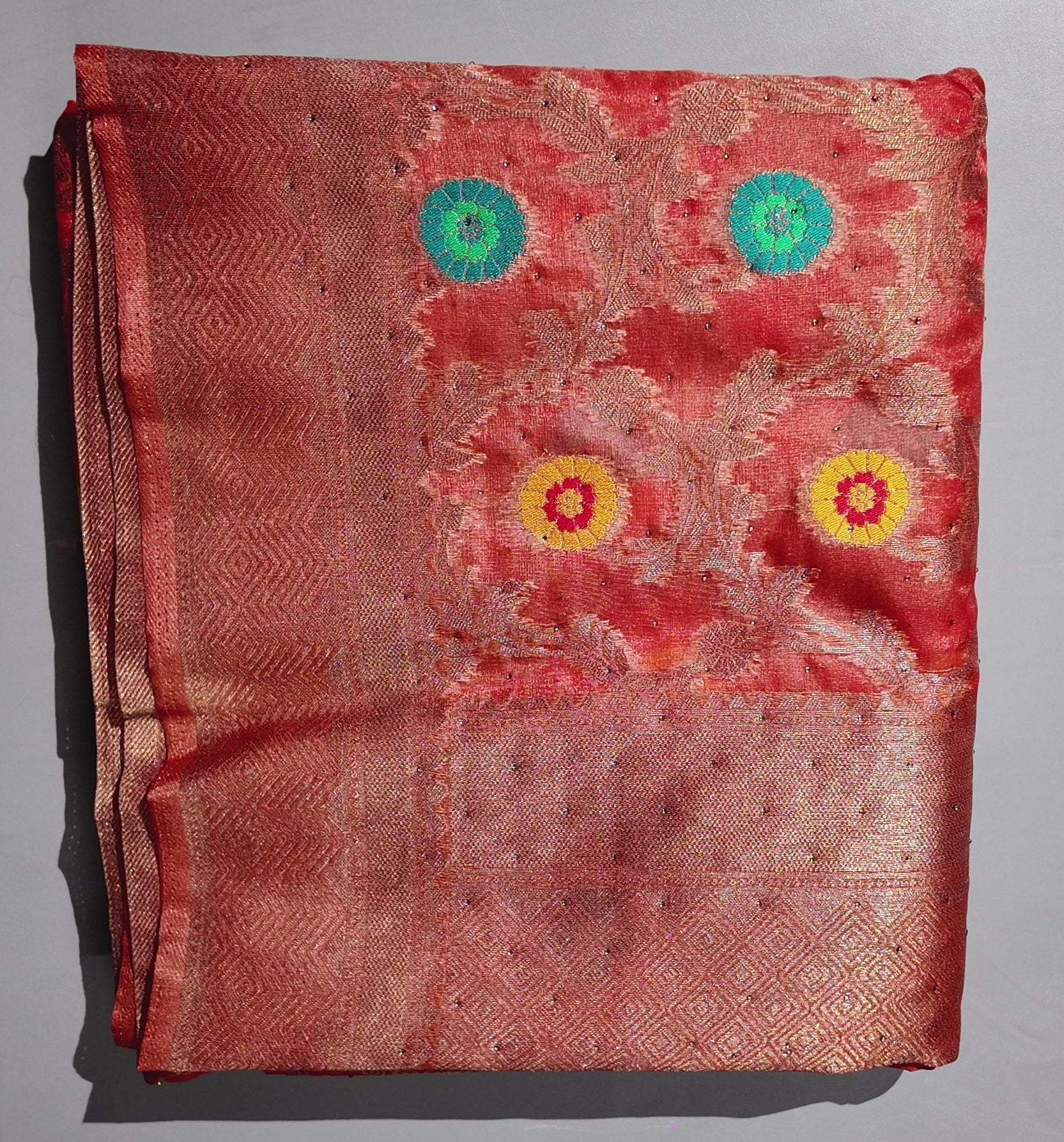 Vibrant Maroon Tapestry Saree with Intricate Floral Detailing",