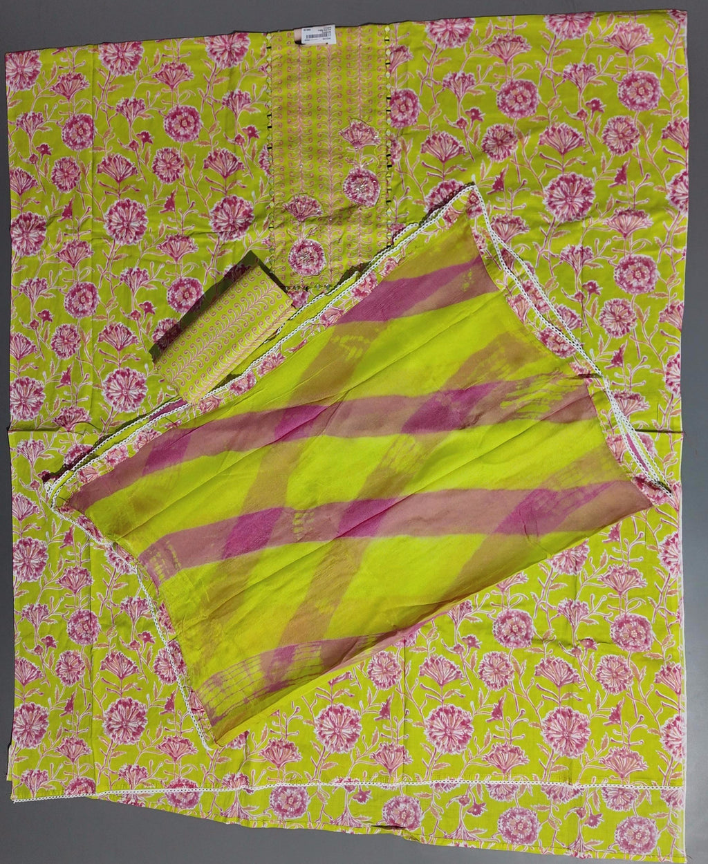 Floral Whimsy: Unstitched Vibrant Lime Suit Fabric