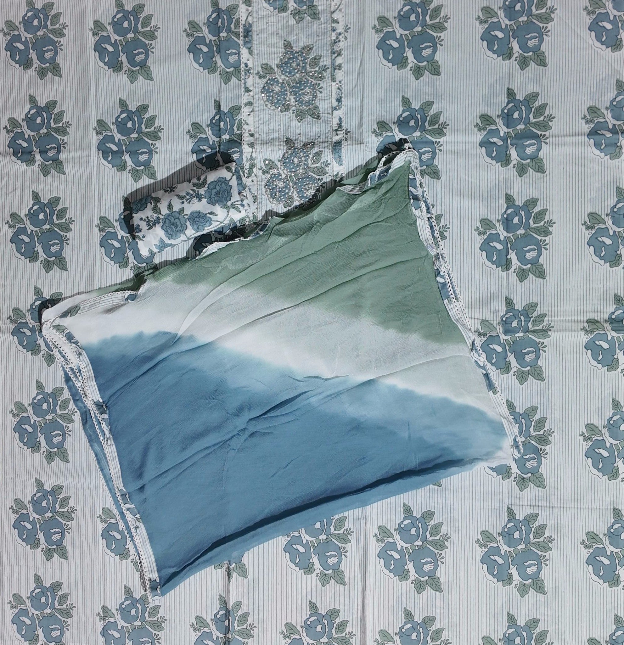 Blossom in Blue: Serene Floral Unstitched Suit