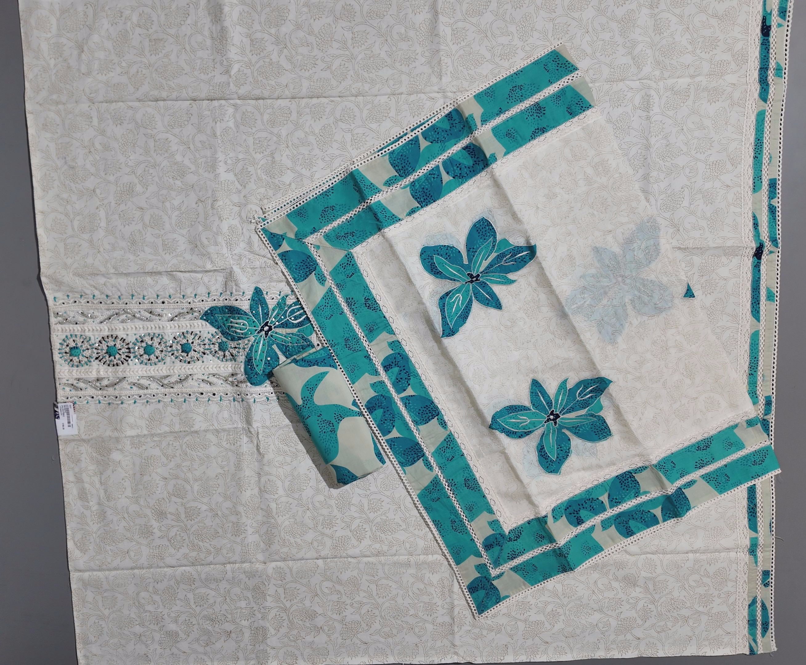Chic Ivory & Turquoise Embroidered Unstitched Suit