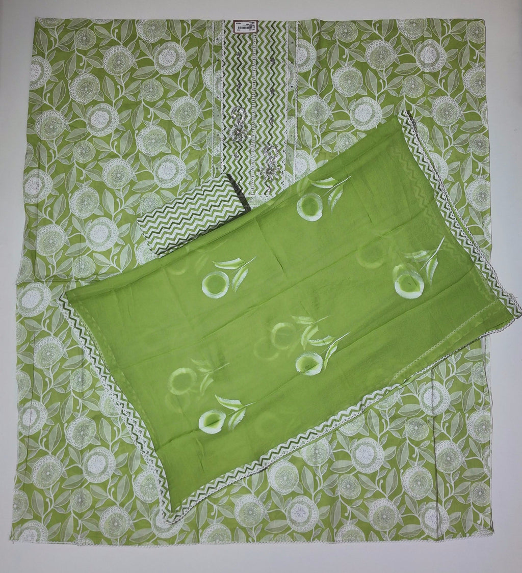 Vibrant Green Chevron & Floral Unstitched Suit
