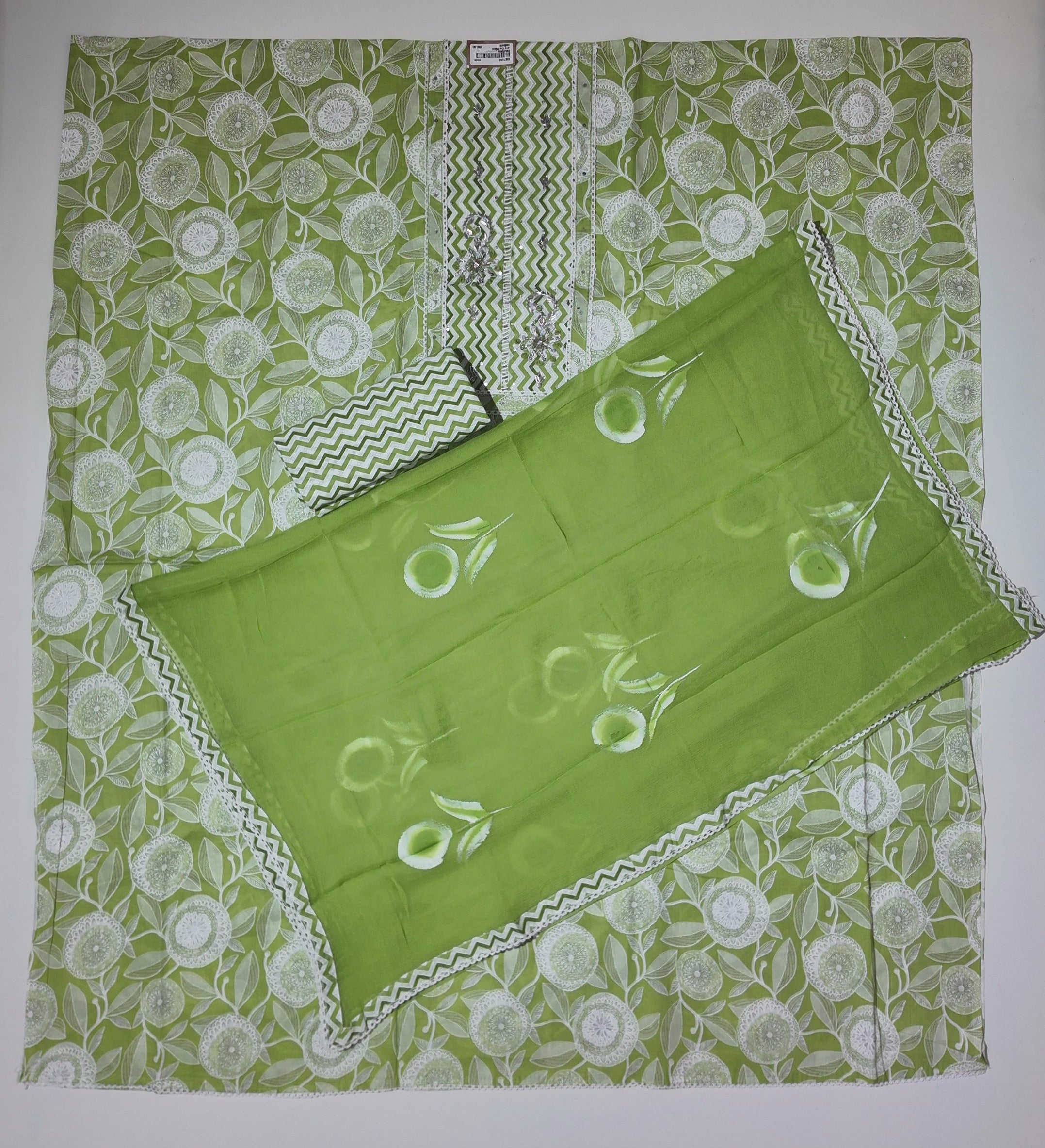 Vibrant Green Chevron & Floral Unstitched Suit