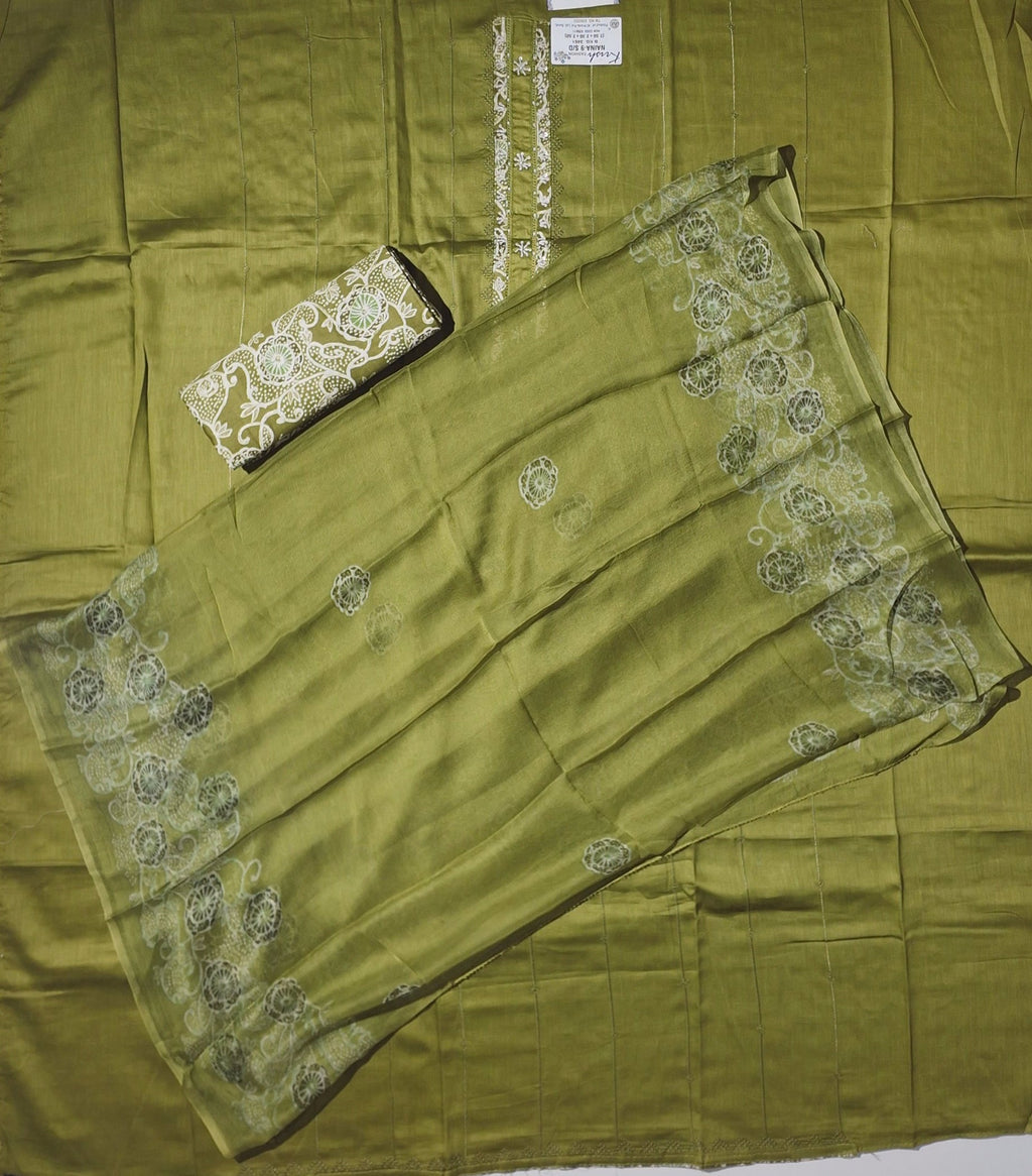 Olive Green Unstitched Suit with Intricate Embroidery