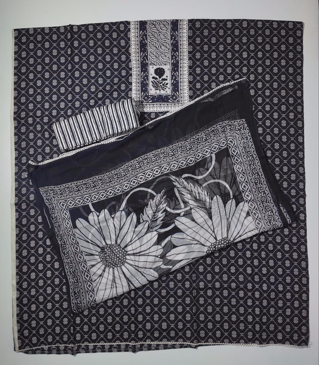 Timeless Black & White Botanical Unstitched Suit Fabric
