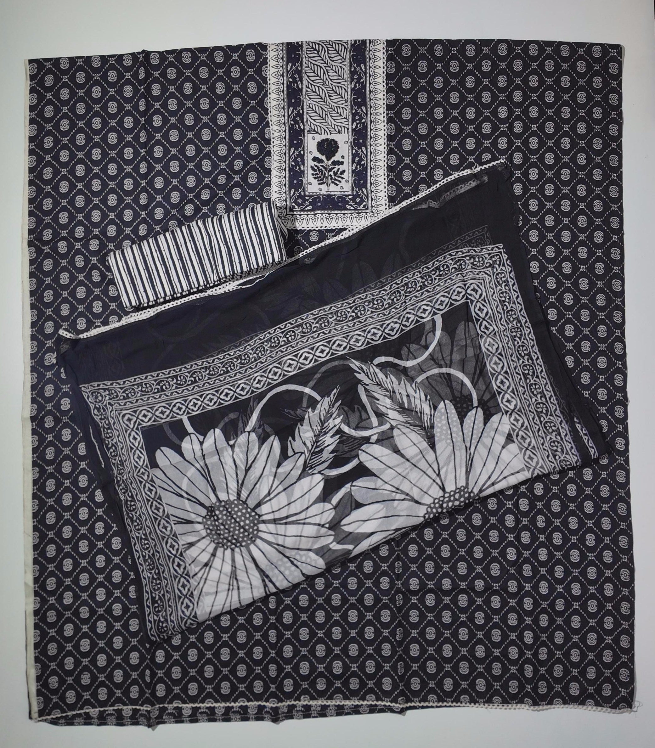 Timeless Black & White Botanical Unstitched Suit Fabric
