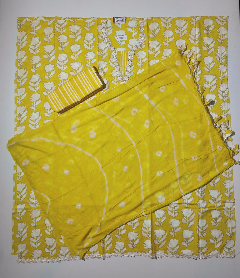 Vibrant Floral Yellow Unstitched Suit with Artistic Embroidery