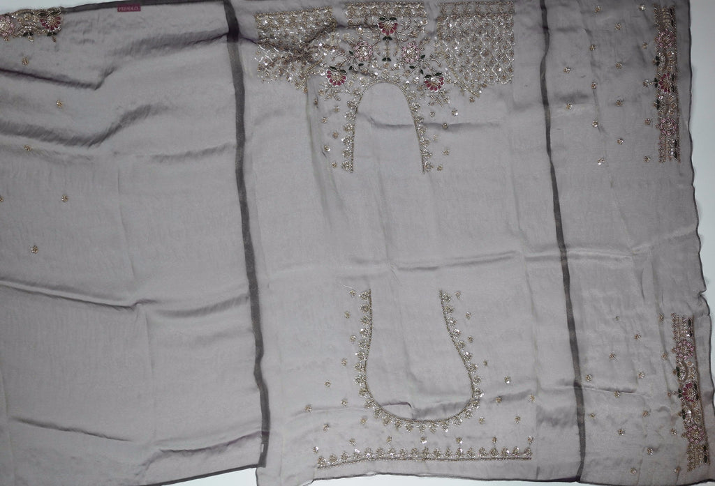 Opulent Charcoal Saree with Intricate Floral Embroidery",