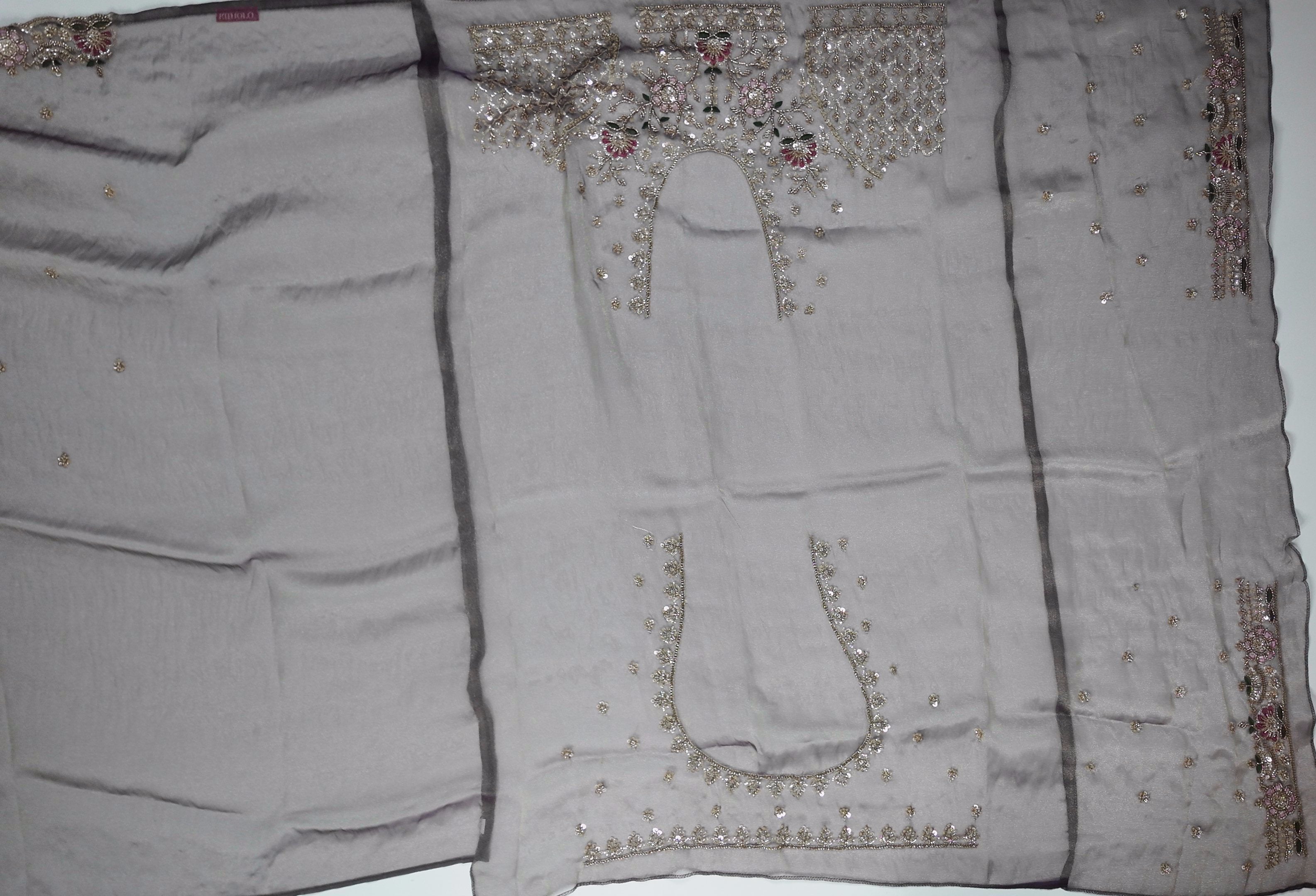 Opulent Charcoal Saree with Intricate Floral Embroidery",