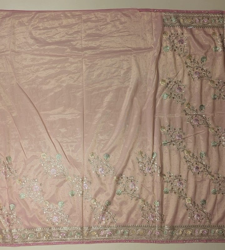 Elegant Blush Pink Floral Embroidered Saree - Pink - Picture 4