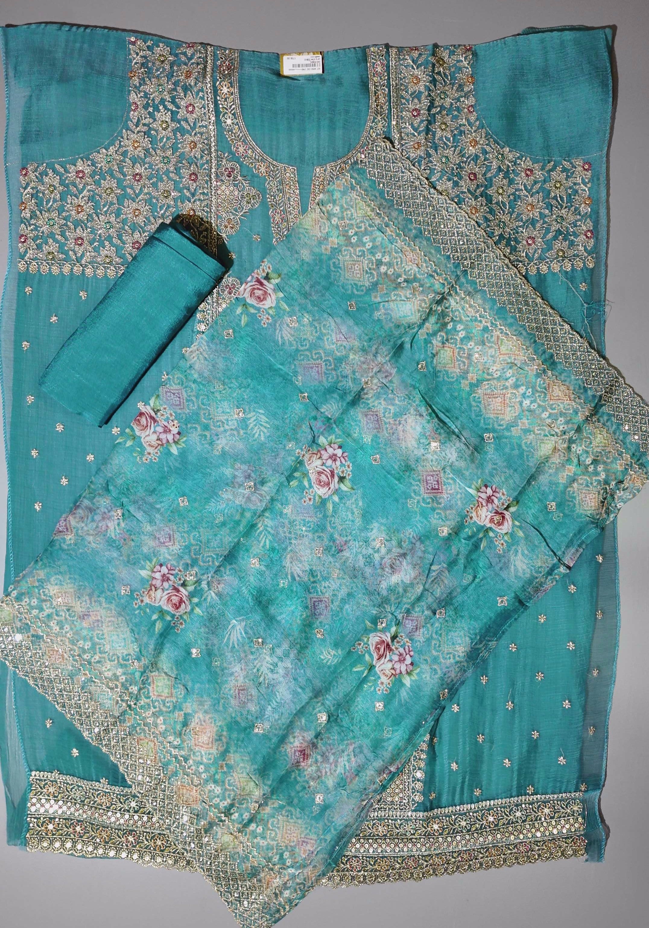 Exquisite Teal Chikan Embroidery Unstitched Suit - Regal Collection