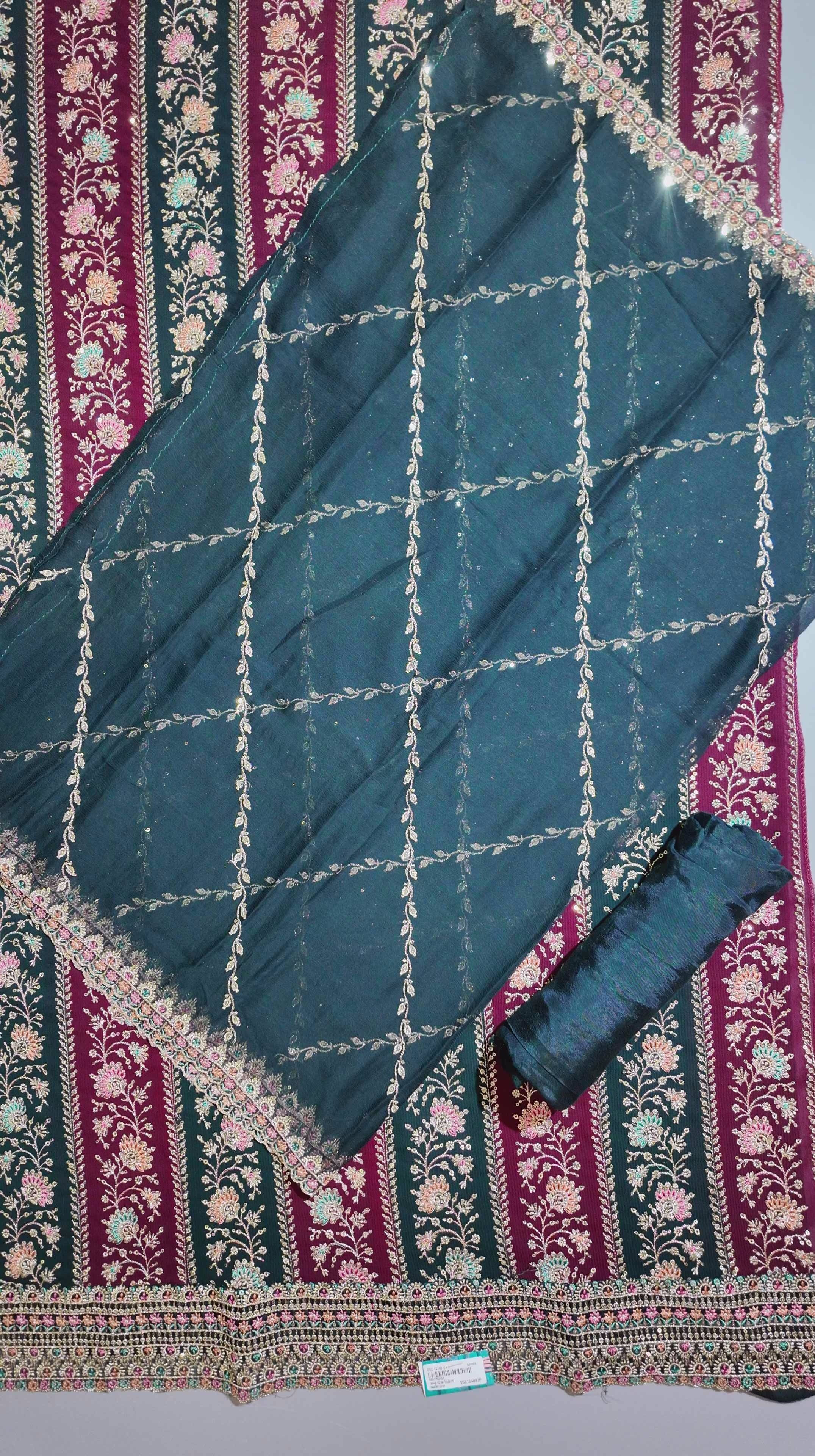 Rich Maroon & Green Floral Tapestry Unstitched Suit",