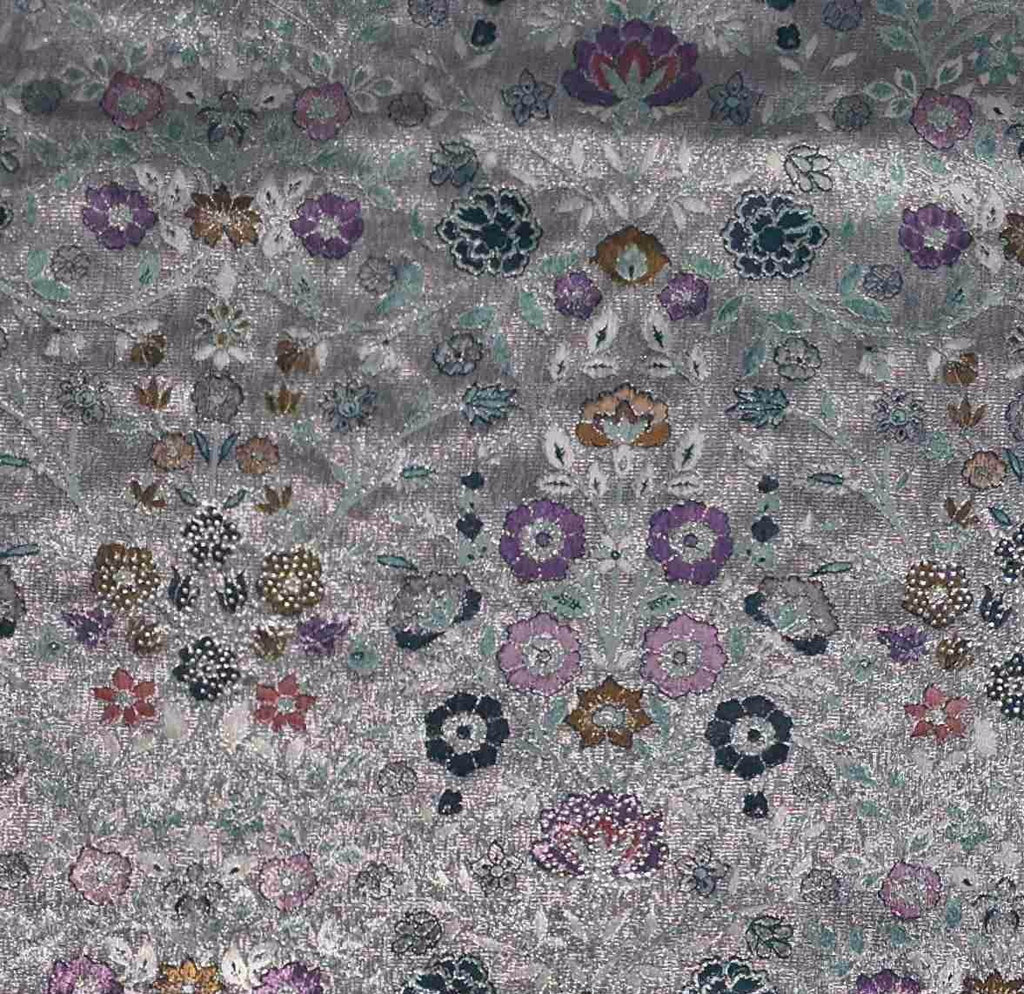 Opulent Silver & Teal Tapestry Saree with Intricate Mosaic Patterns",