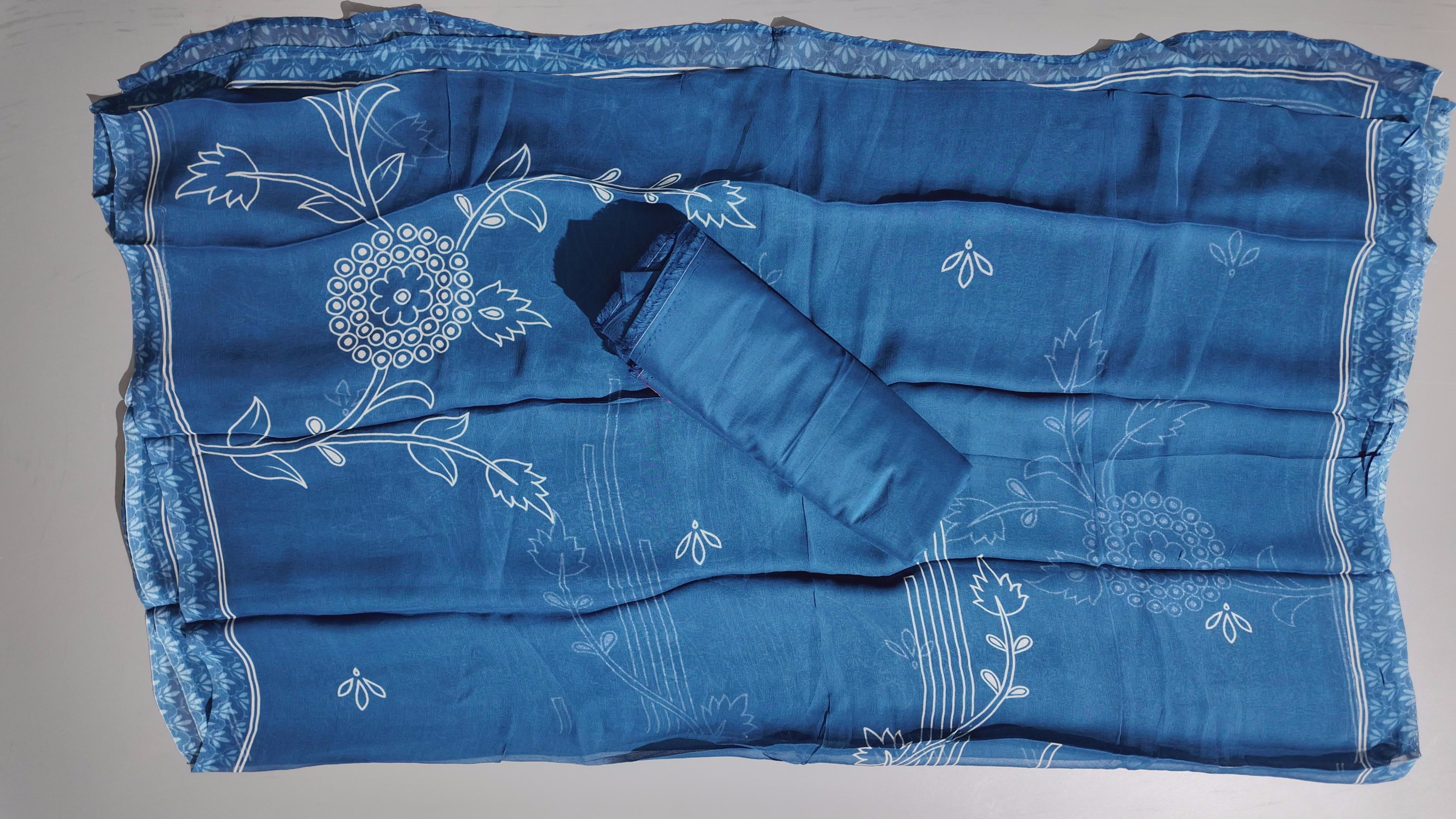 Midnight Blooms: Indigo Unstitched Suit for Festive Gatherings",