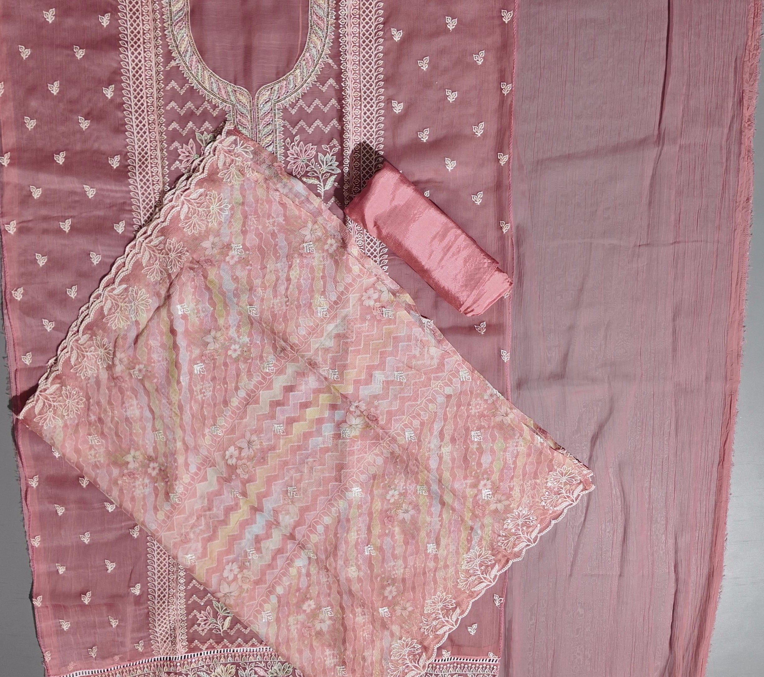 Chic Coral Unstitched Suit: Intricate Embroidery & Luxurious Texture
