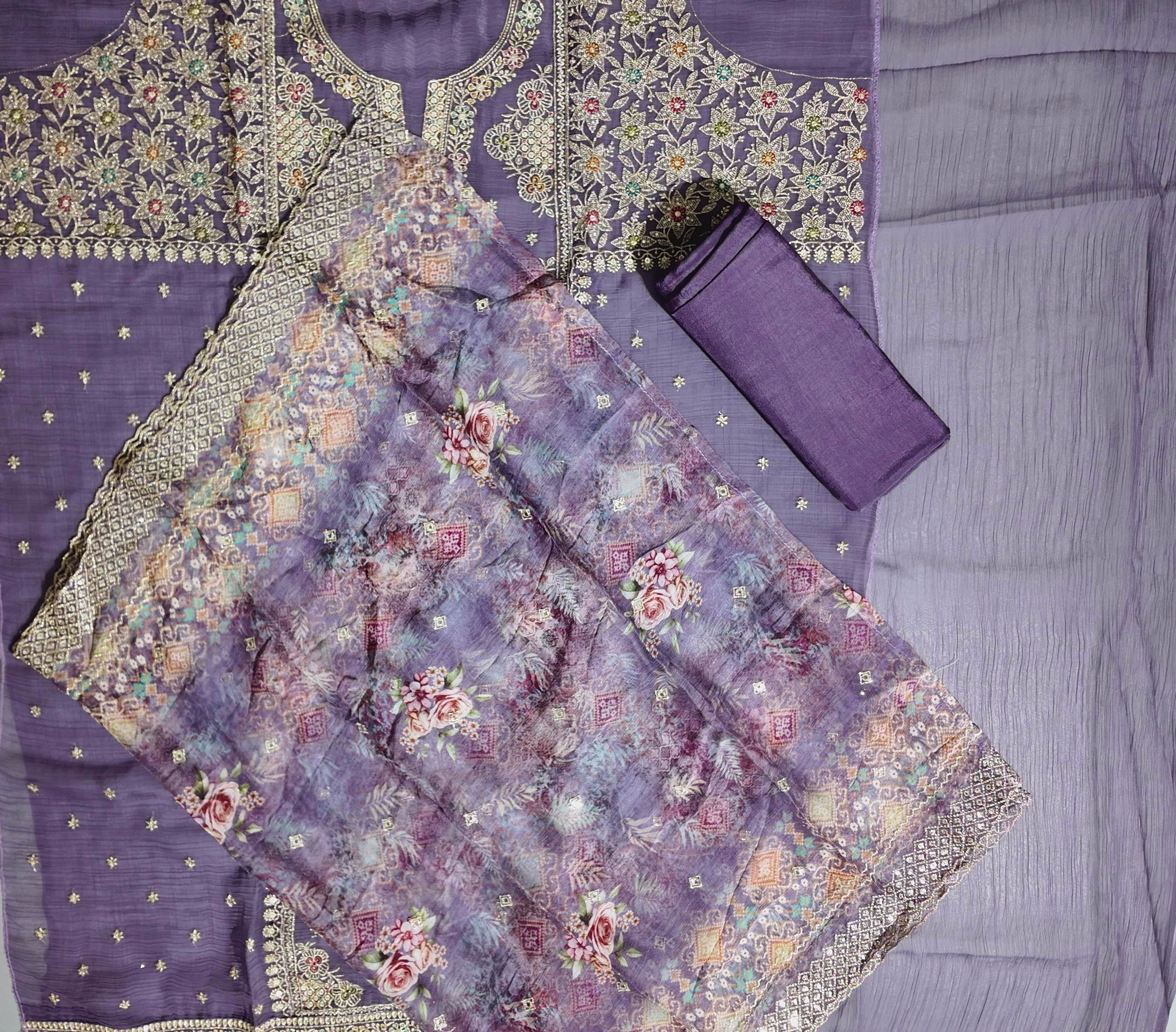 Regal Plum Embroidered Unstitched Suit with Floral Intricacies",