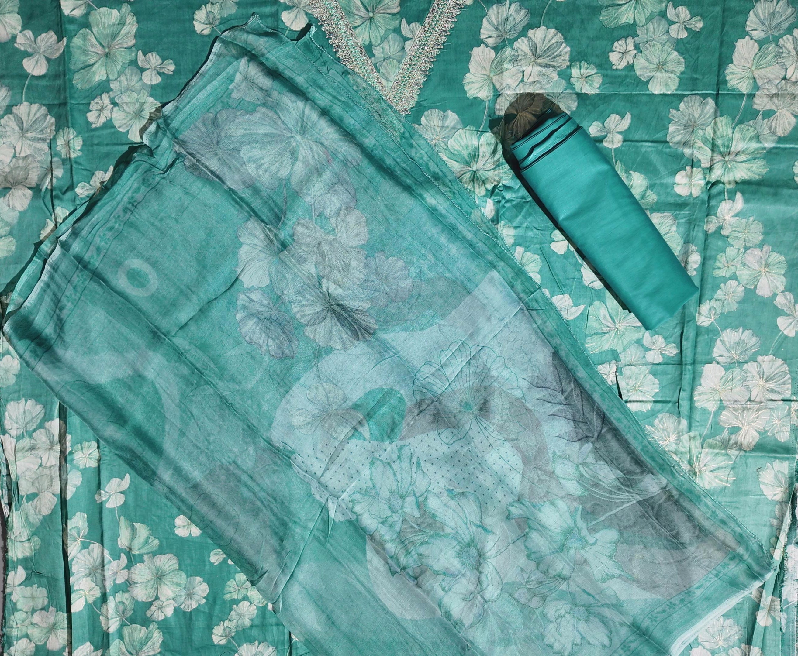 Serene Aqua Blossoms: Unstitched Suit with Intricate Lace