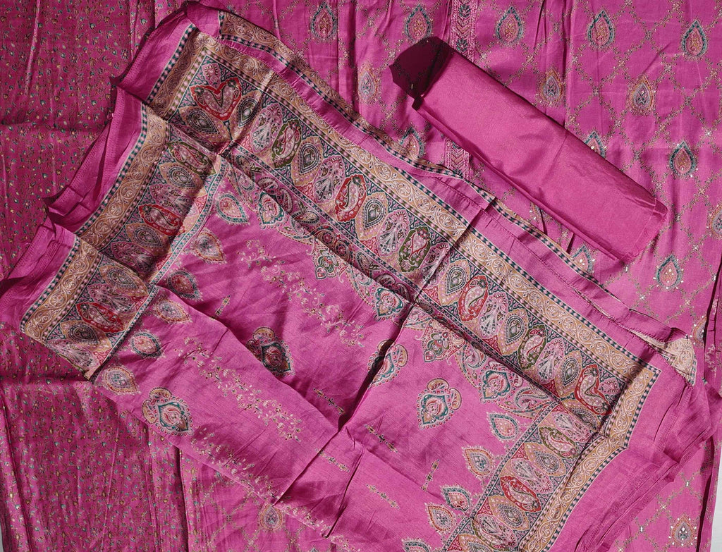 Ornate Fuchsia Dream: Unstitched Silk Suit with Intricate Motifs