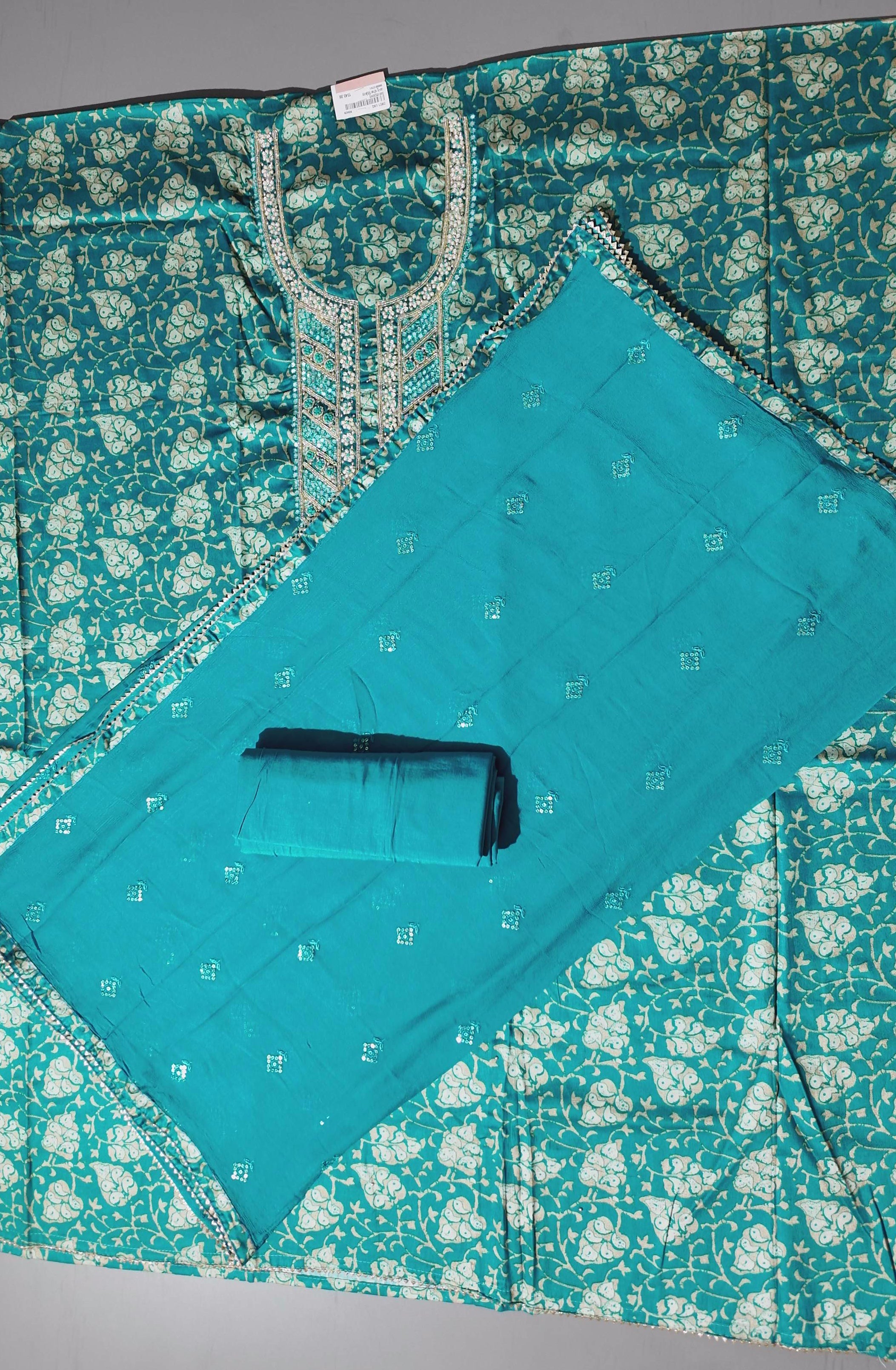 Opulent Teal Brocade Unstitched Suit with Intricate Embellishments