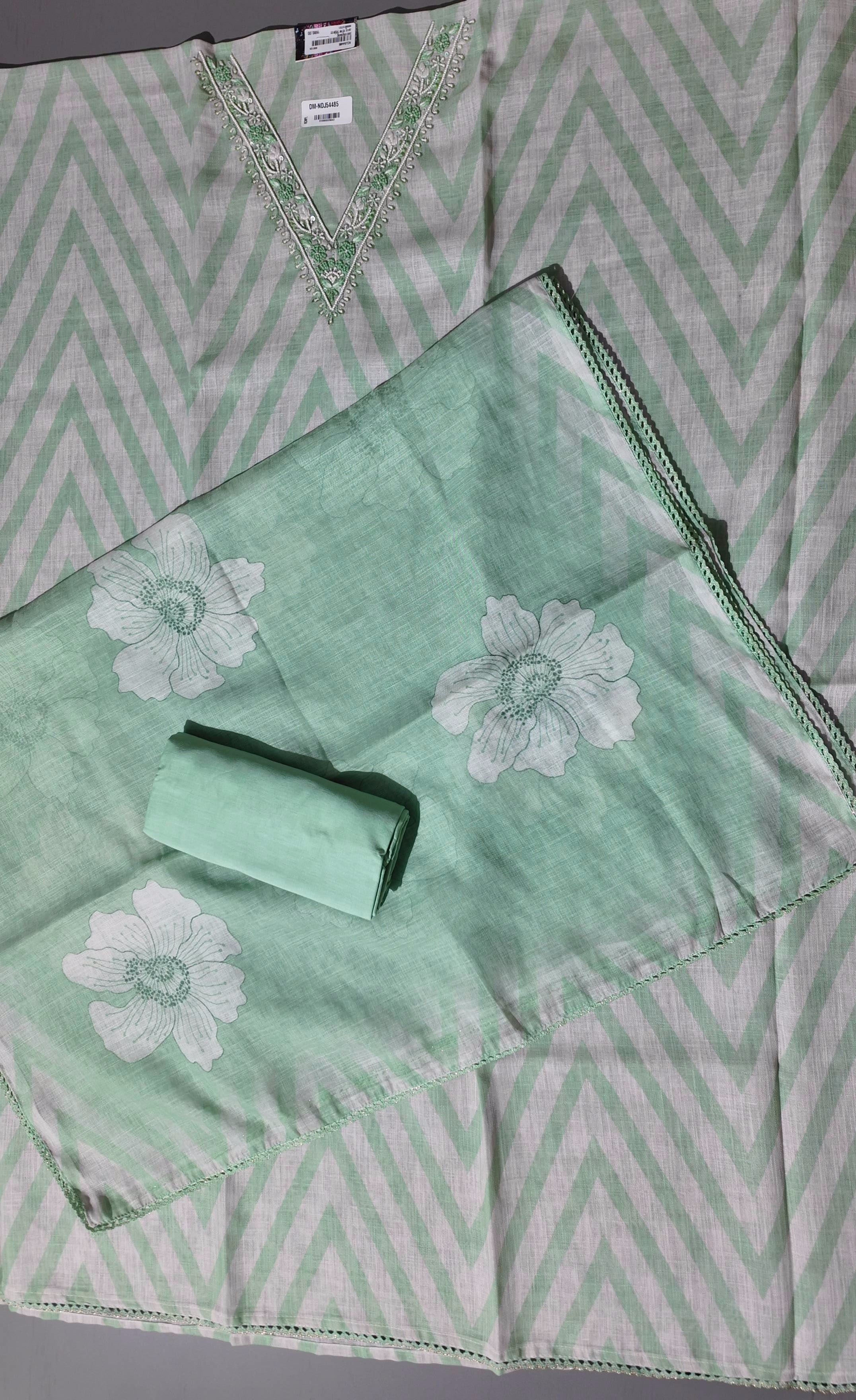 Timeless Charm: Mint Green Unstitched Suit with Embroidered Elegance