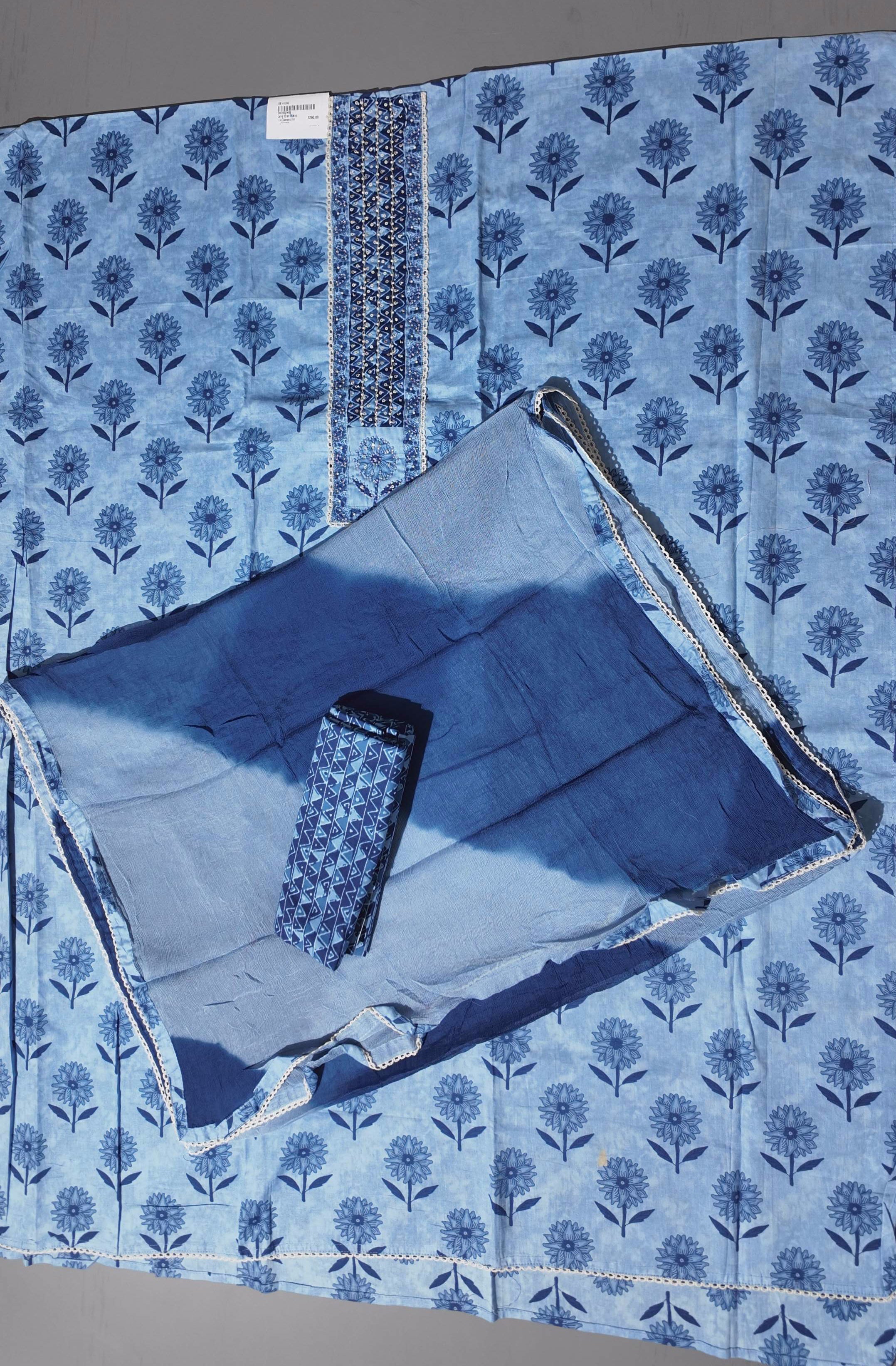 Azure Blossom Unstitched Suit: Artisanal Floral Elegance