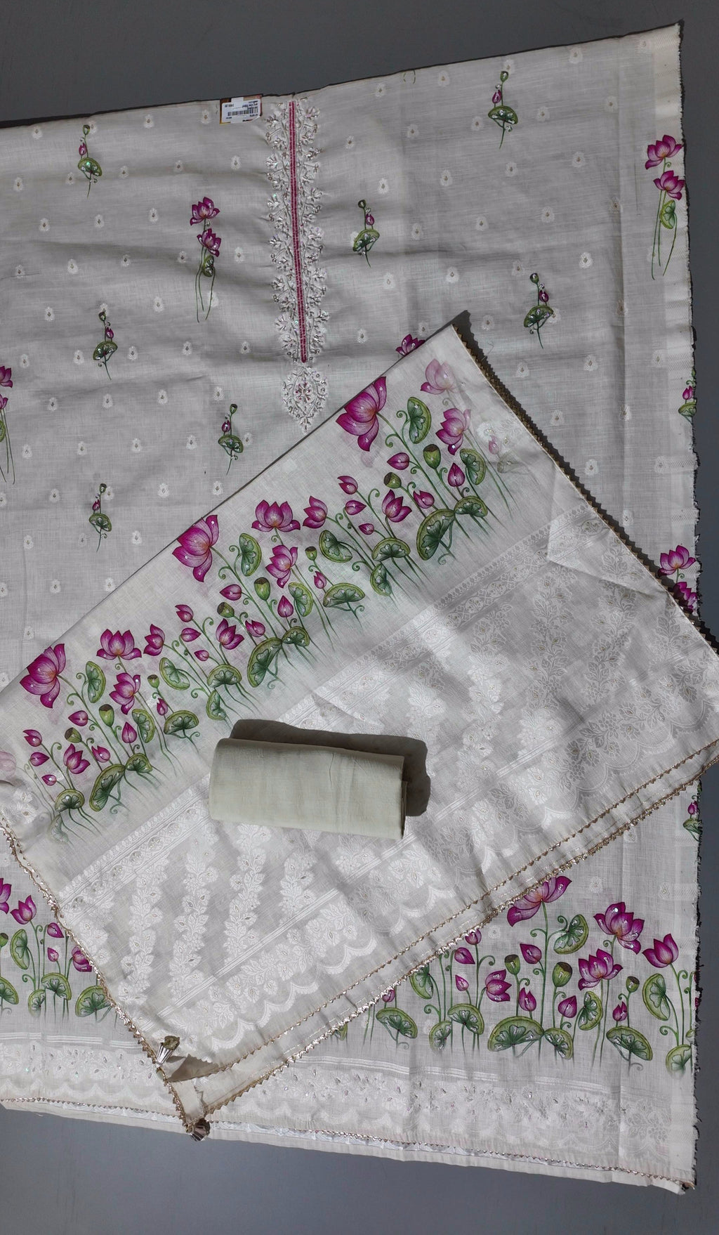 Exquisite Lotus Embroidered Unstitched Suit in Ivory Bliss