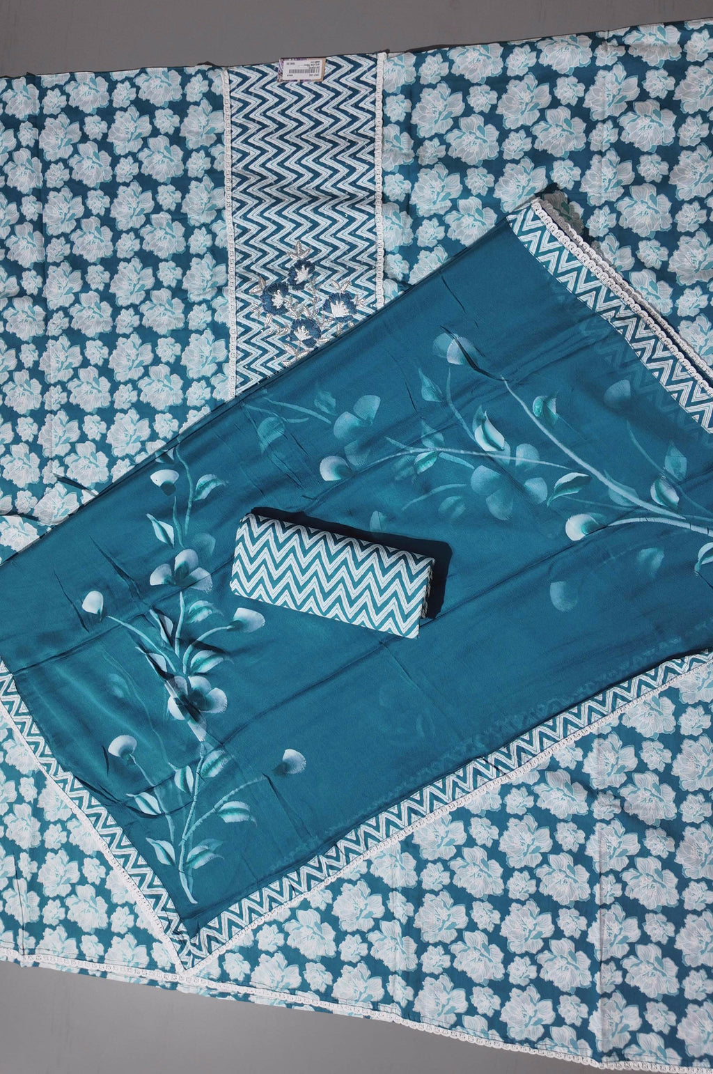 Zigzag Delight: Vibrant Unstitched Suit in Azure Bloom