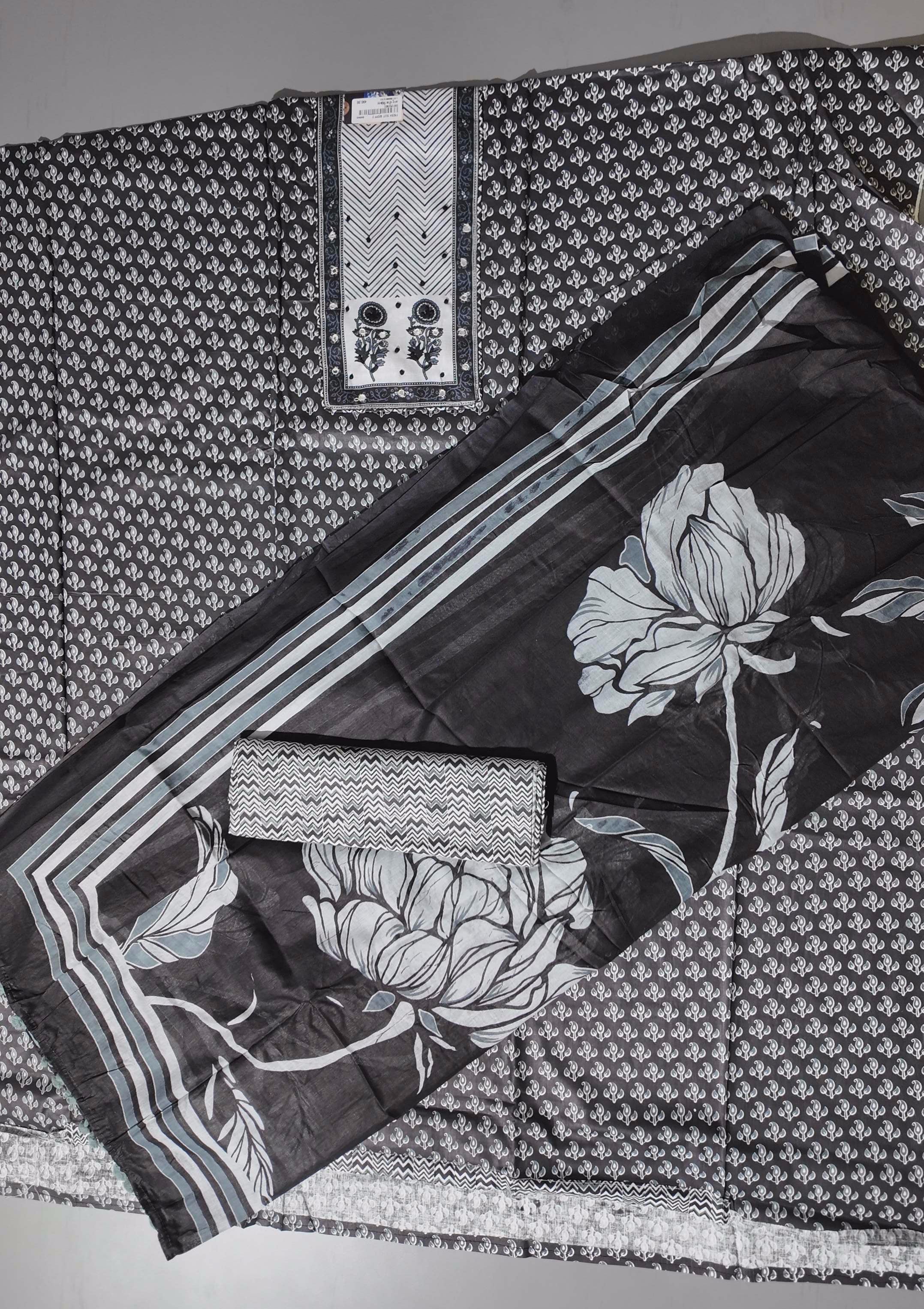 Monochrome Majestic: Unstitched Ensemble with Intricate Floral Designs
