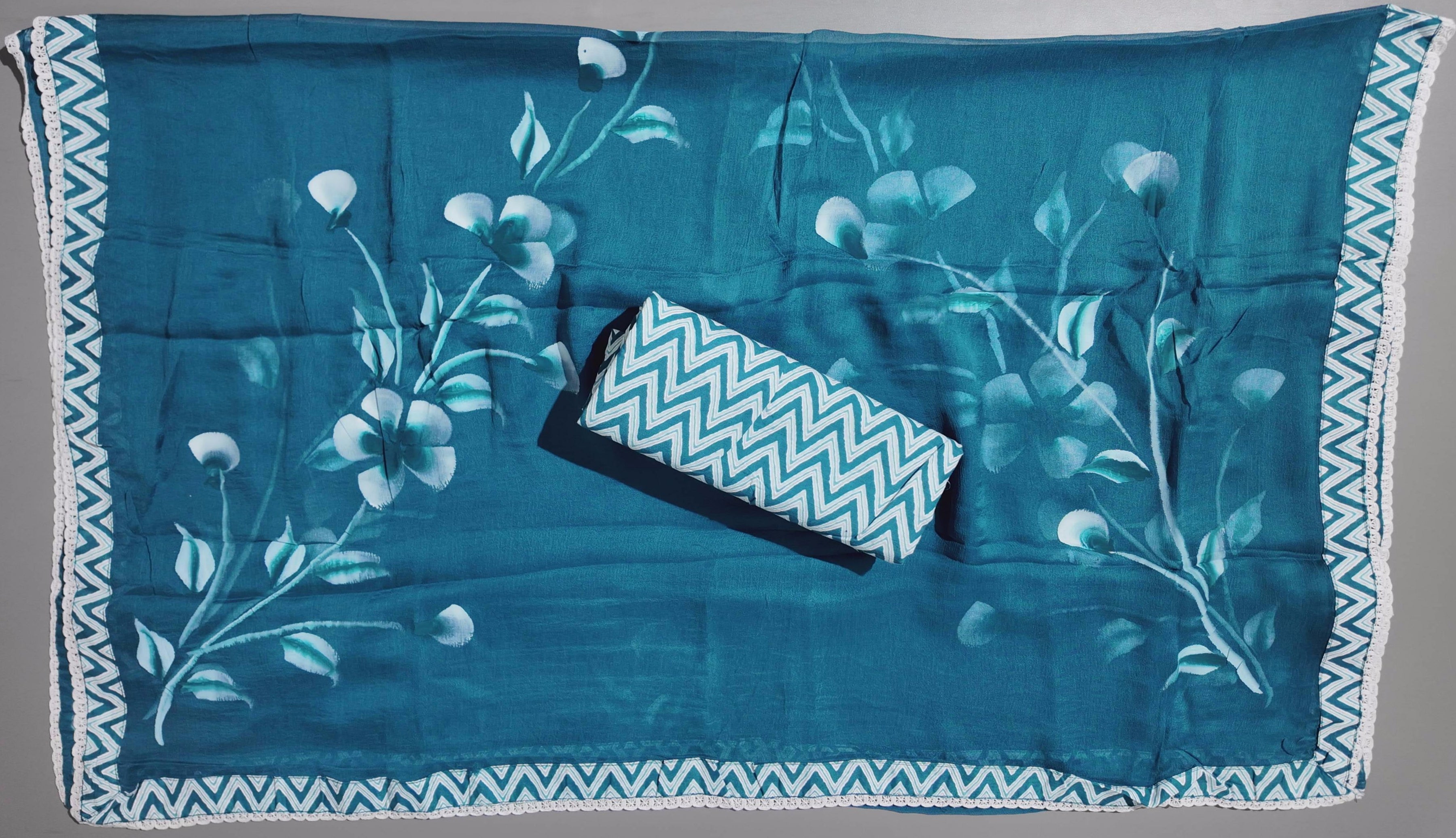 Azure Blossom Unstitched Suit: Artistry in Blue and White