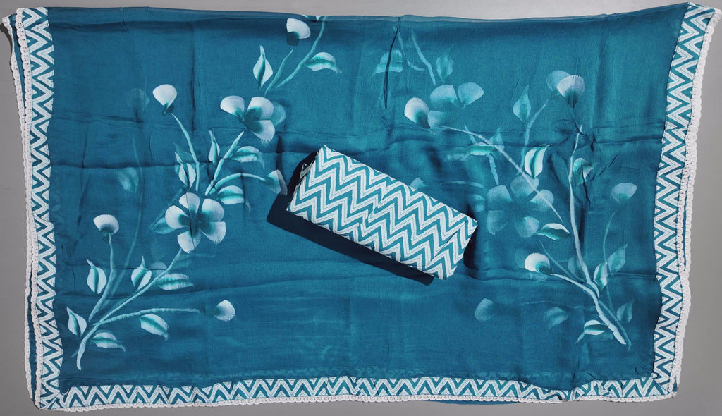 Azure Blossom Unstitched Suit: Artistry in Blue and White