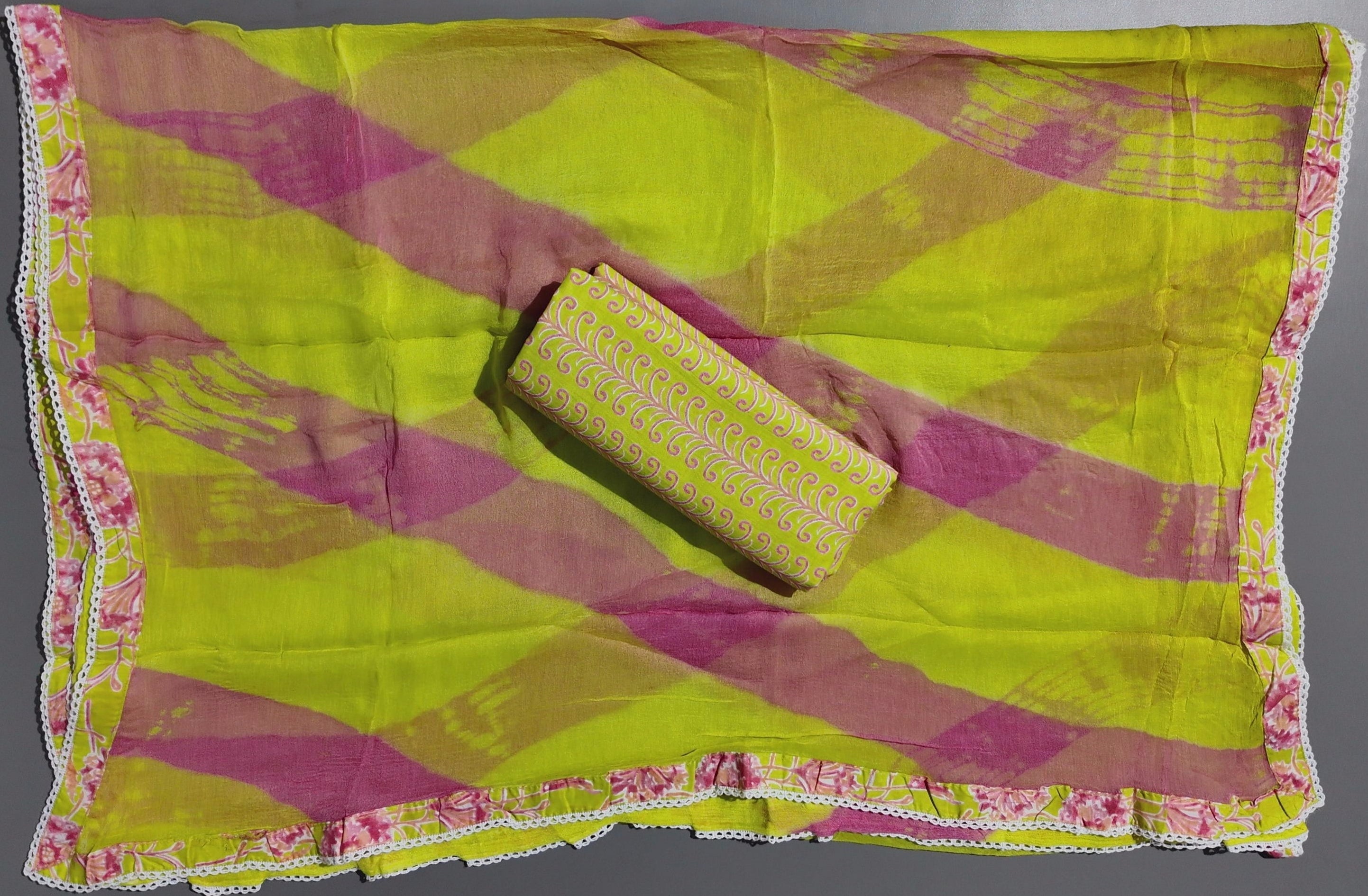 Floral Whimsy: Unstitched Vibrant Lime Suit Fabric