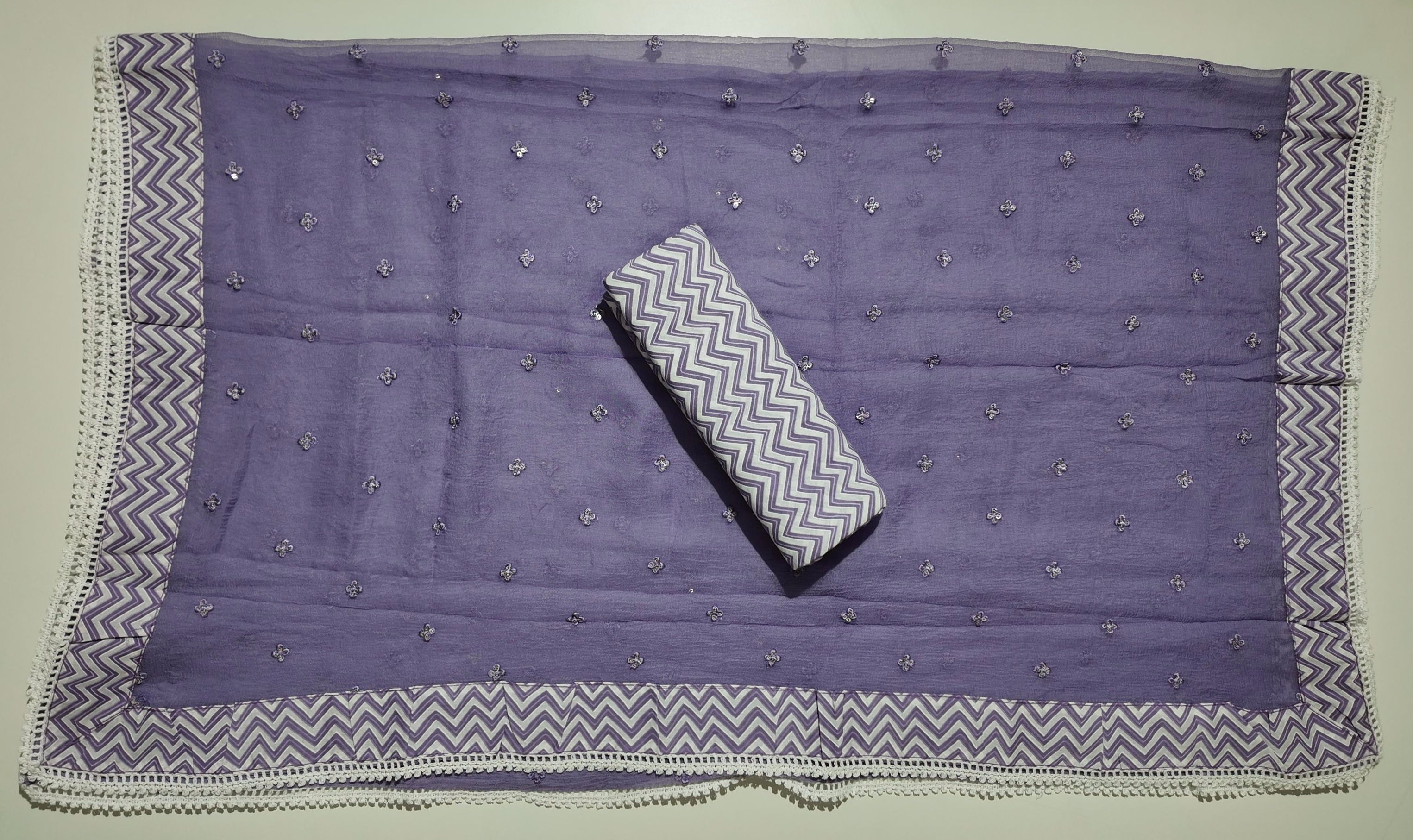 Artisan Lavender Elegance: Intricate Lace Unstitched Suit