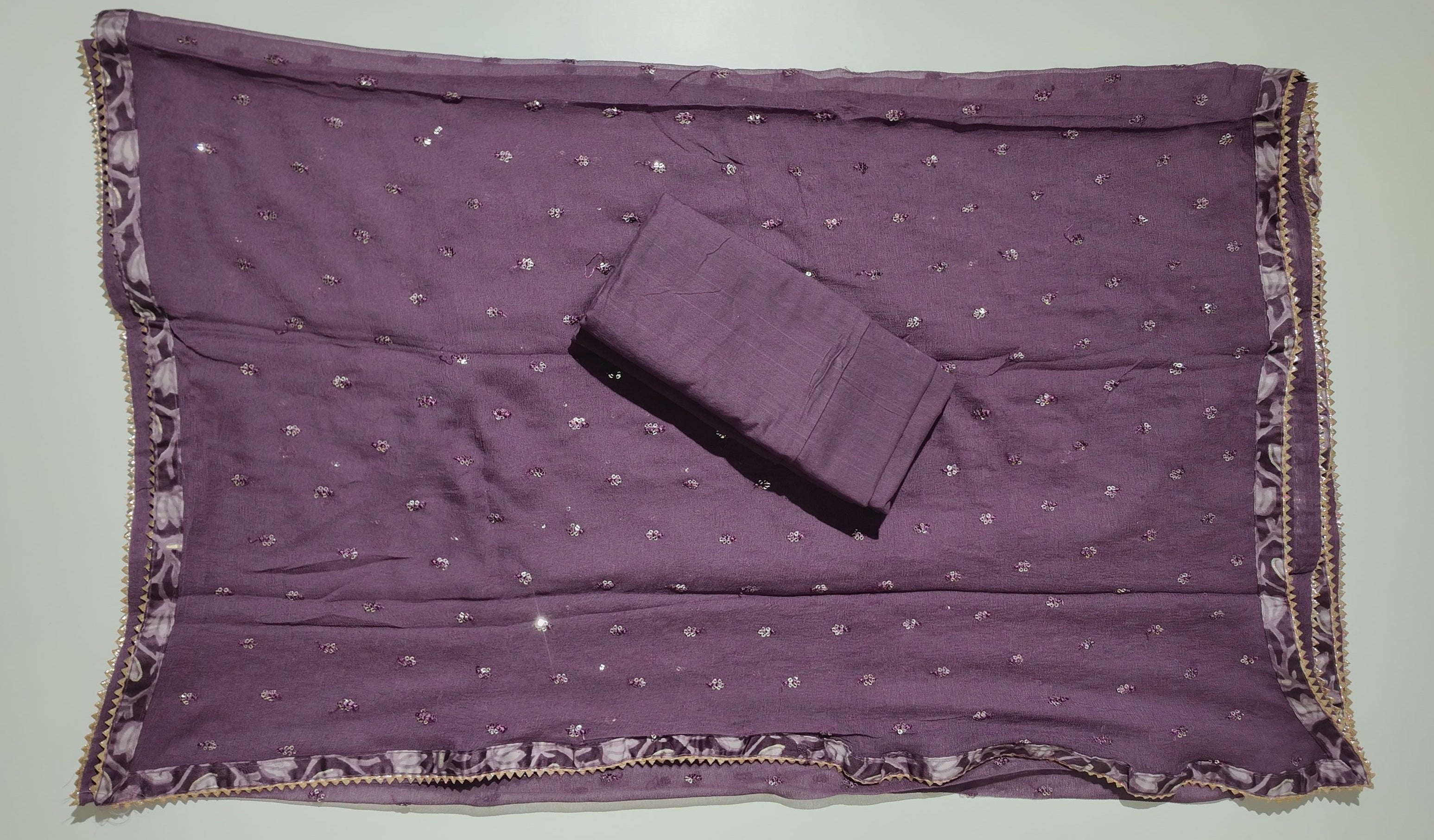 Lavender Blossom Charm: Embroidered Unstitched Suit Delight