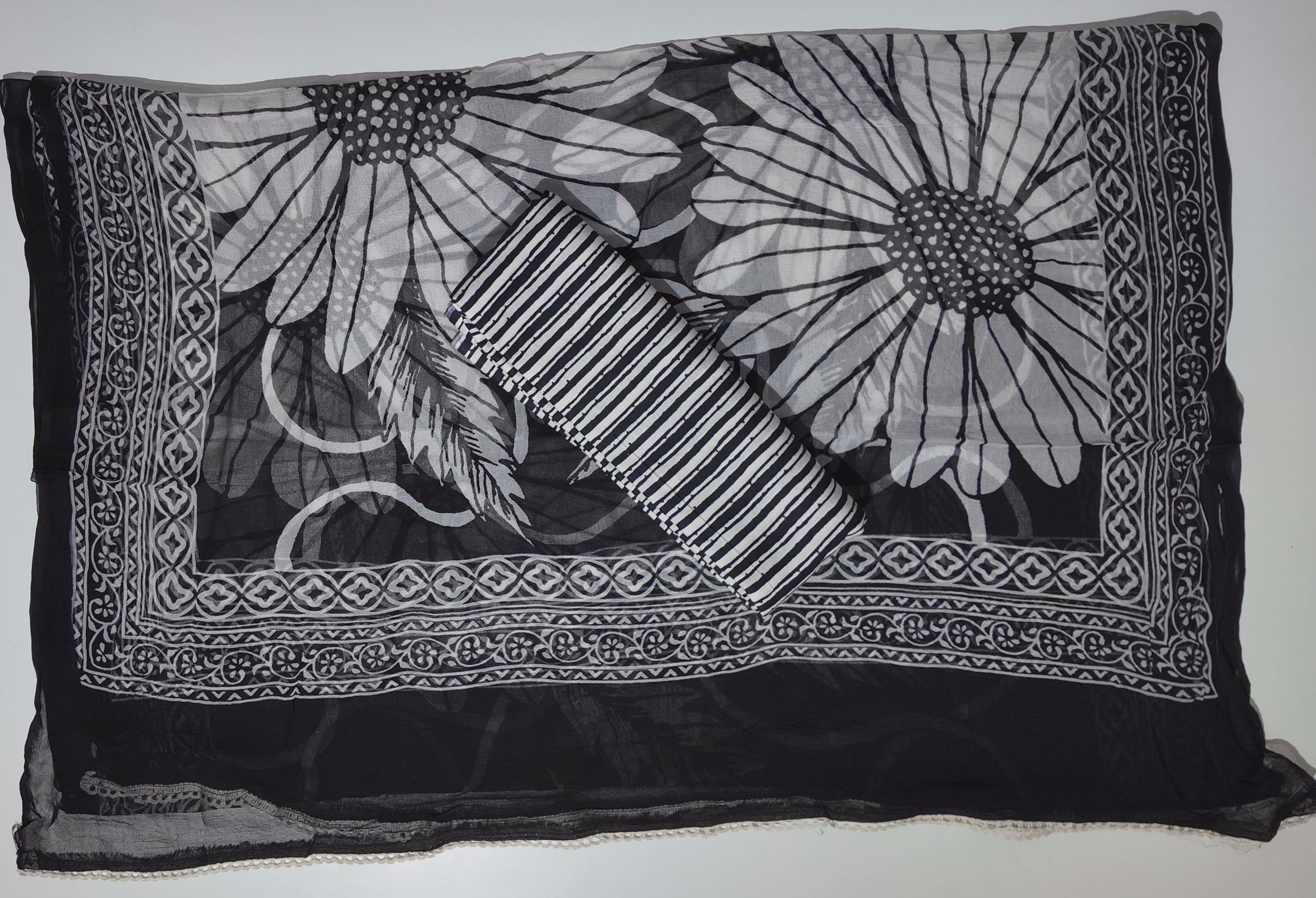 Timeless Black & White Botanical Unstitched Suit Fabric