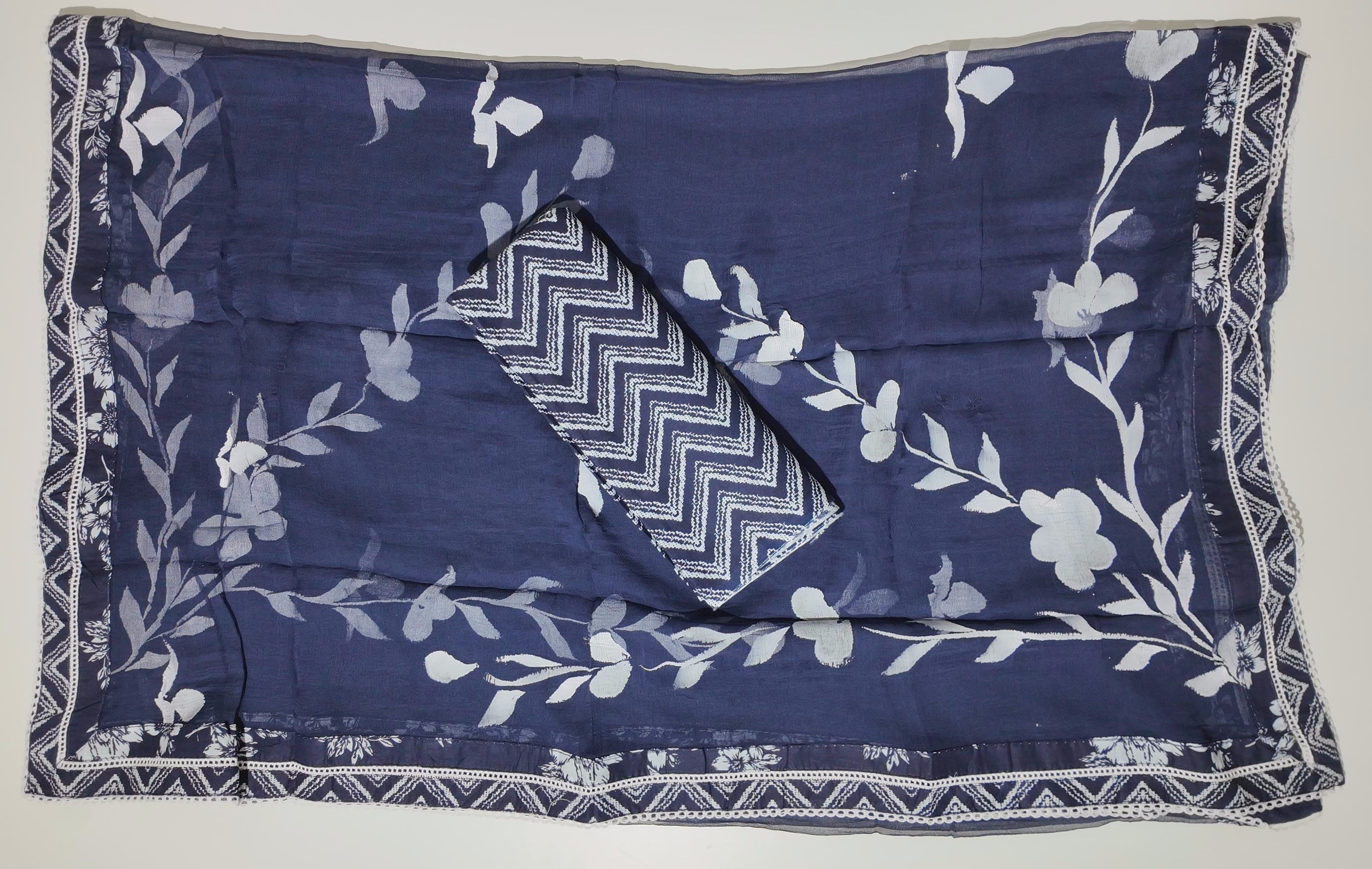 Floral Nightfall: Unstitched Suit with Intricate Lace Detail