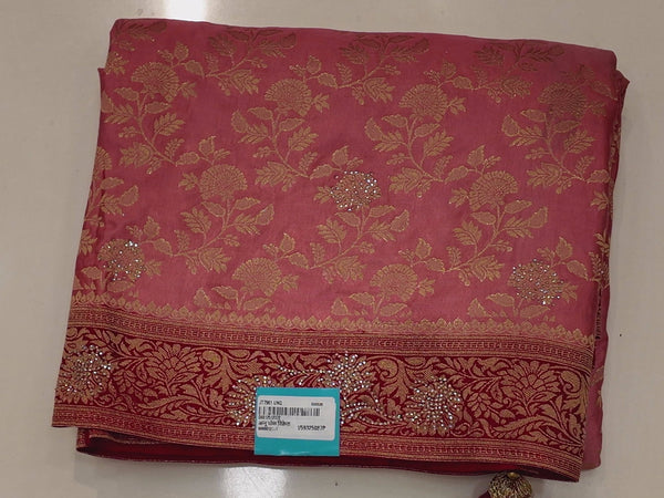 Radiant Rose Gold Banarasi Saree for Celebratory Elegance",