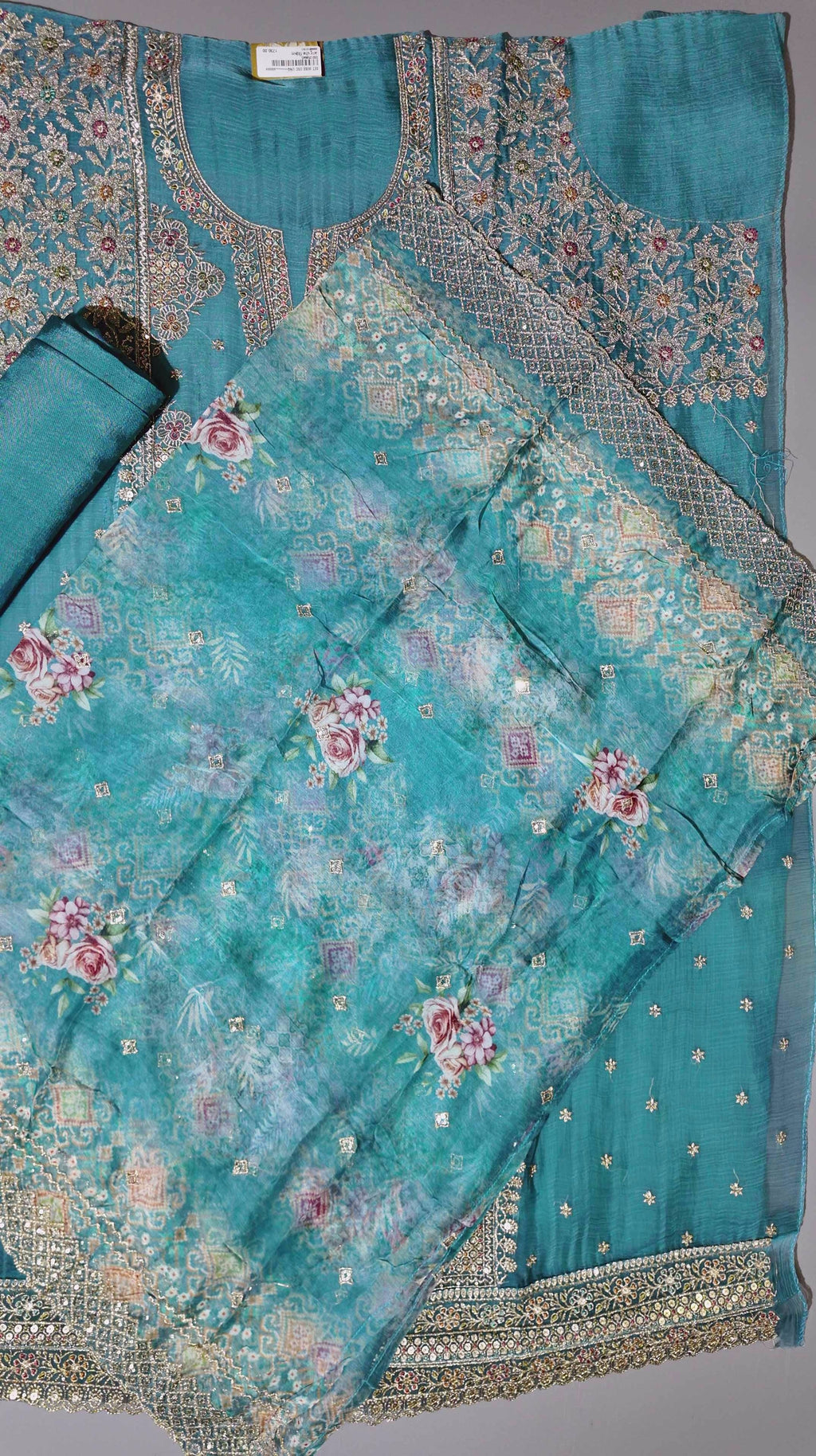 Embroidered Serenity: Teal Unstitched Suit Marvel