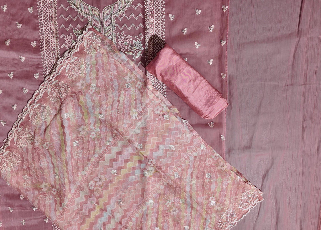 Chic Coral Unstitched Suit: Intricate Embroidery & Luxurious Texture