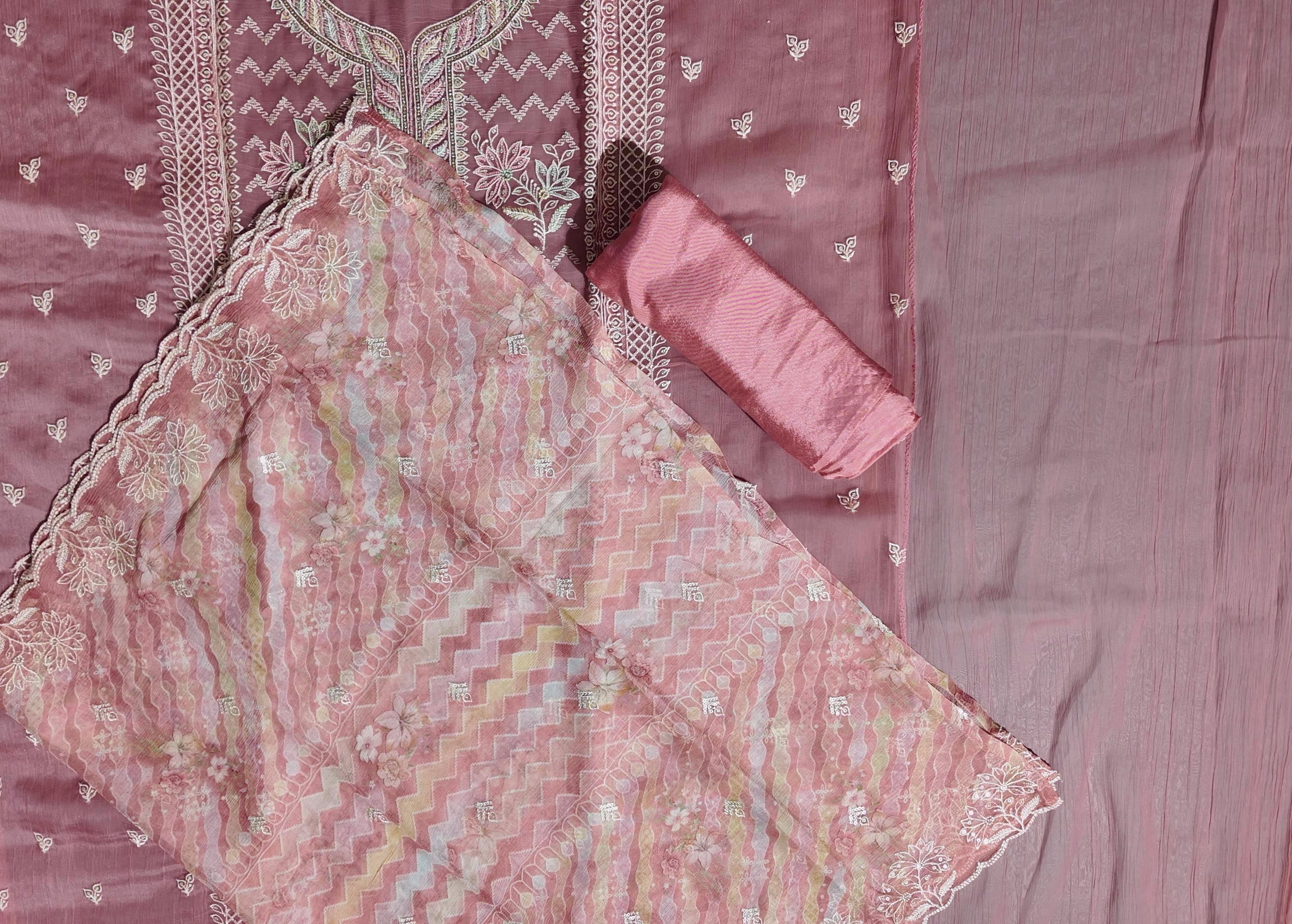Chic Coral Unstitched Suit: Intricate Embroidery & Luxurious Texture
