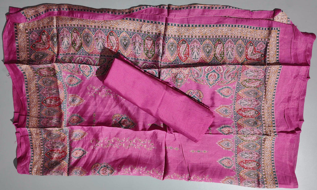 Ornate Fuchsia Dream: Unstitched Silk Suit with Intricate Motifs