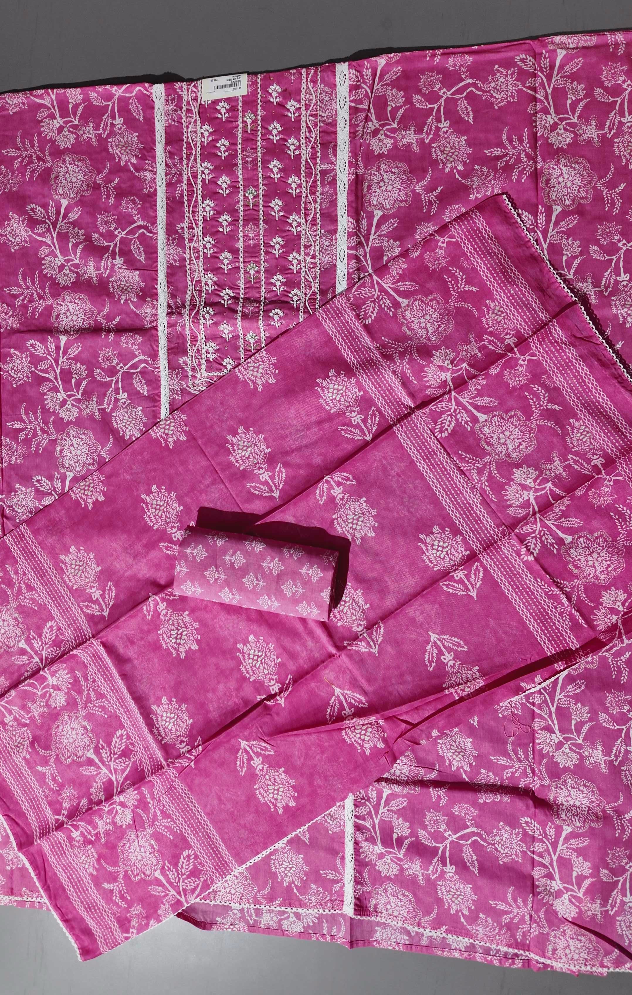 Charmingly Chic: Fuchsia & White Embroidered Unstitched Suit