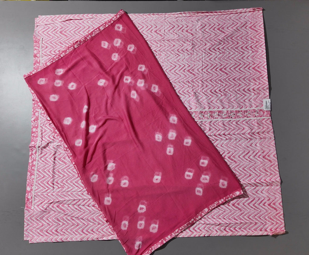 Zigzag Allure: Pink Chevron Unstitched Suit with Mirror Embellishments