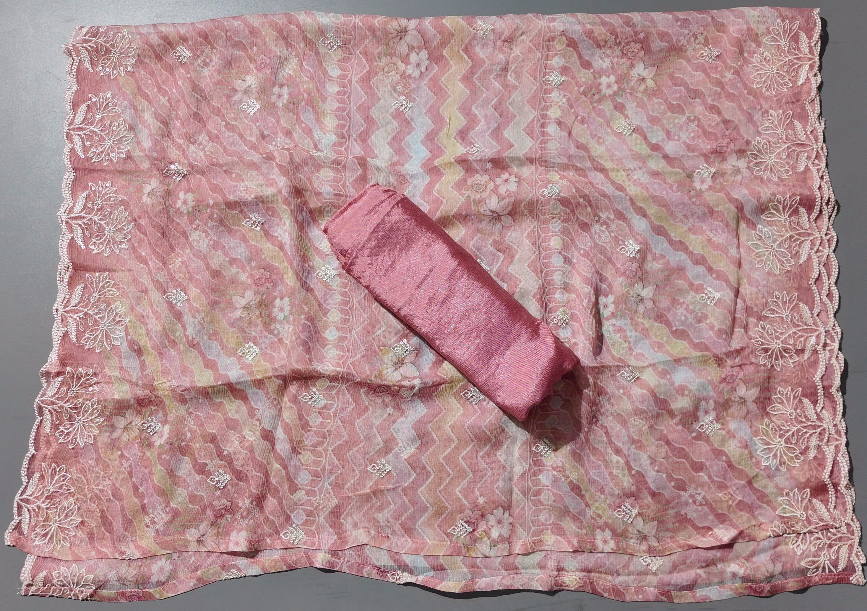 Chic Coral Unstitched Suit: Intricate Embroidery & Luxurious Texture