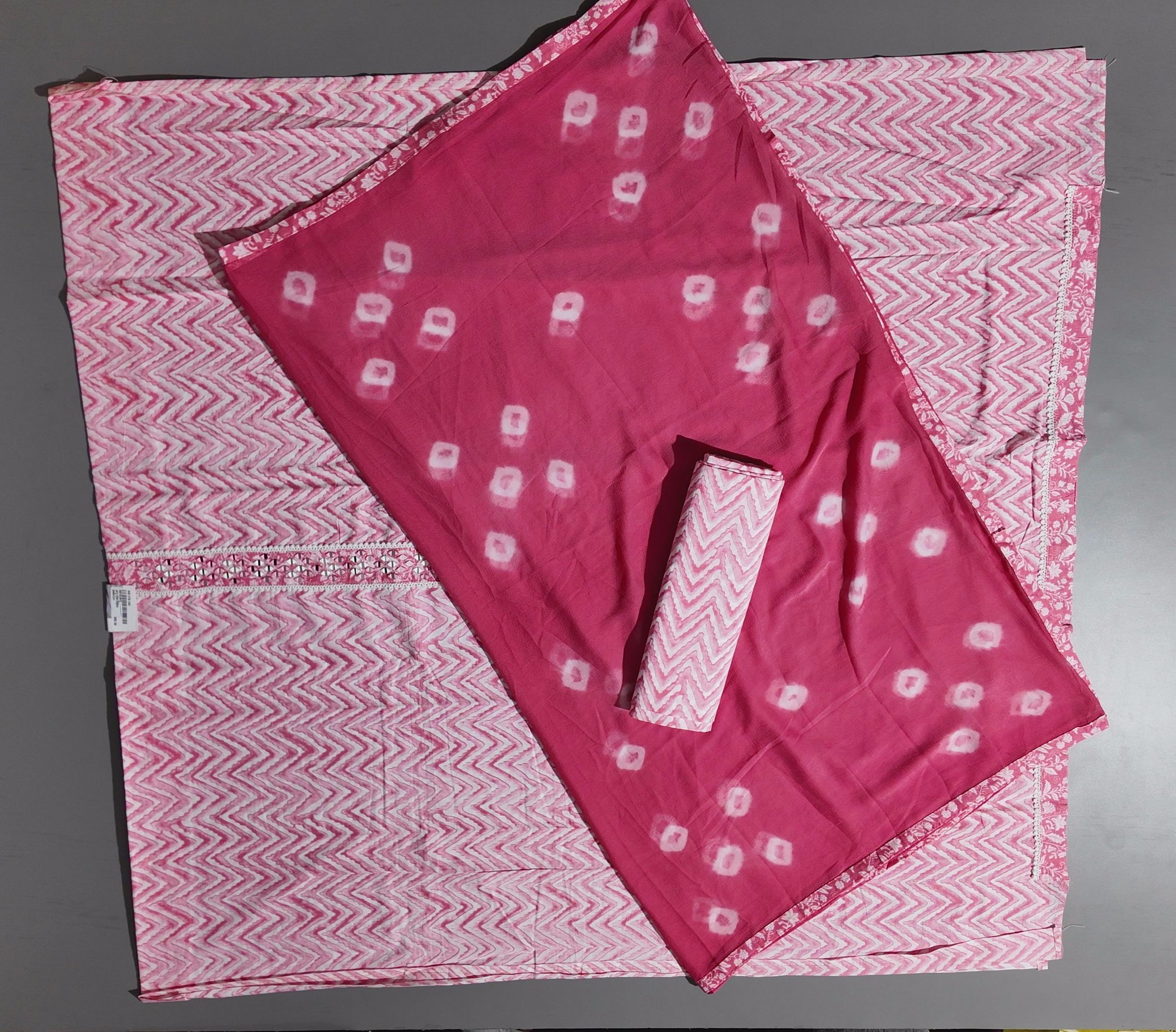 Zigzag Allure: Pink Chevron Unstitched Suit with Mirror Embellishments