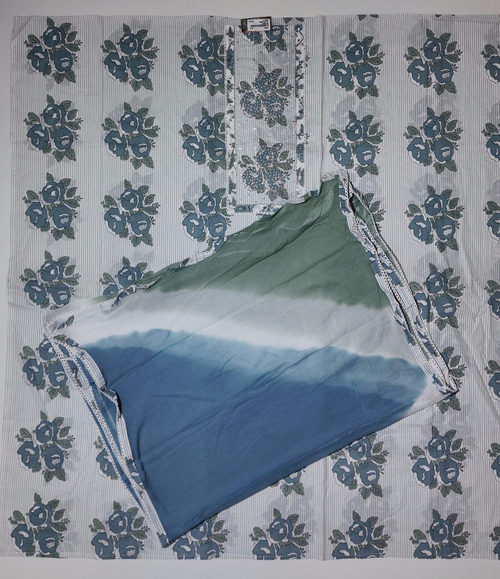 Blossom in Blue: Serene Floral Unstitched Suit