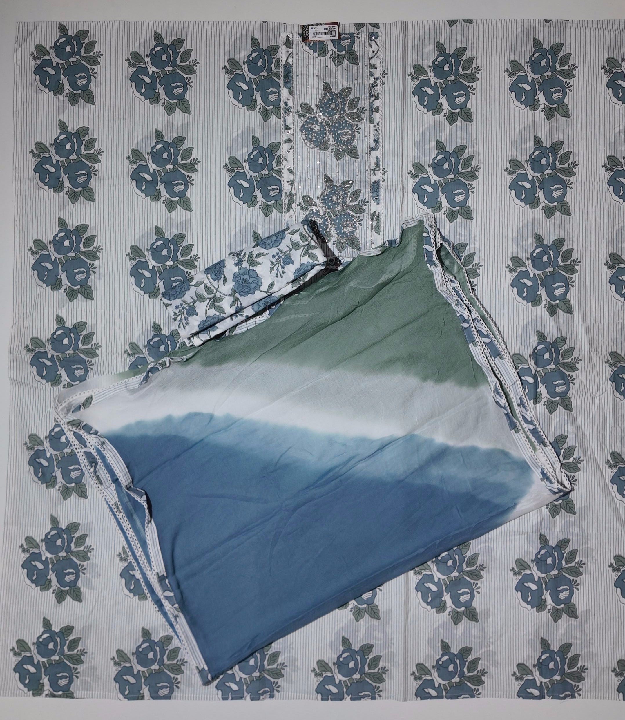 Blossom in Blue: Serene Floral Unstitched Suit