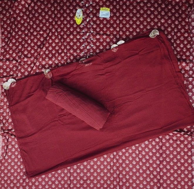 Elegant Maroon Leaf Pattern Cotton Saree - Maroon - Picture 6