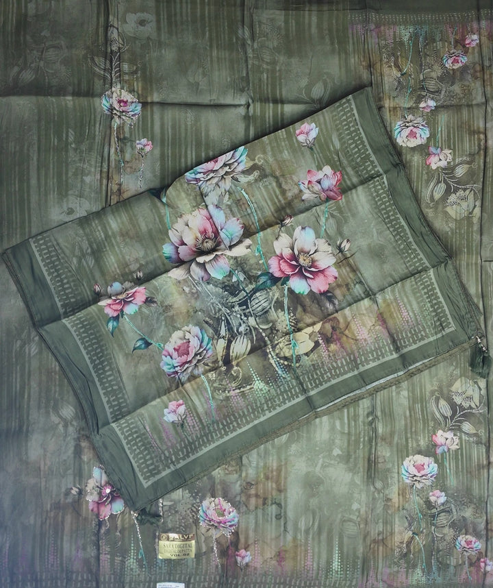 Elegant Floral Green Digital Print Suit - Olive green - Picture 5