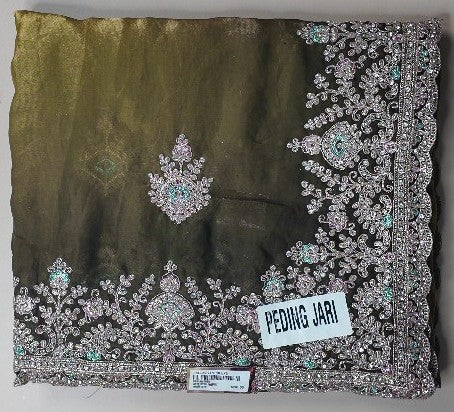 Elegant Olive Green Zari Embroidered Saree - Olive green - Picture 1