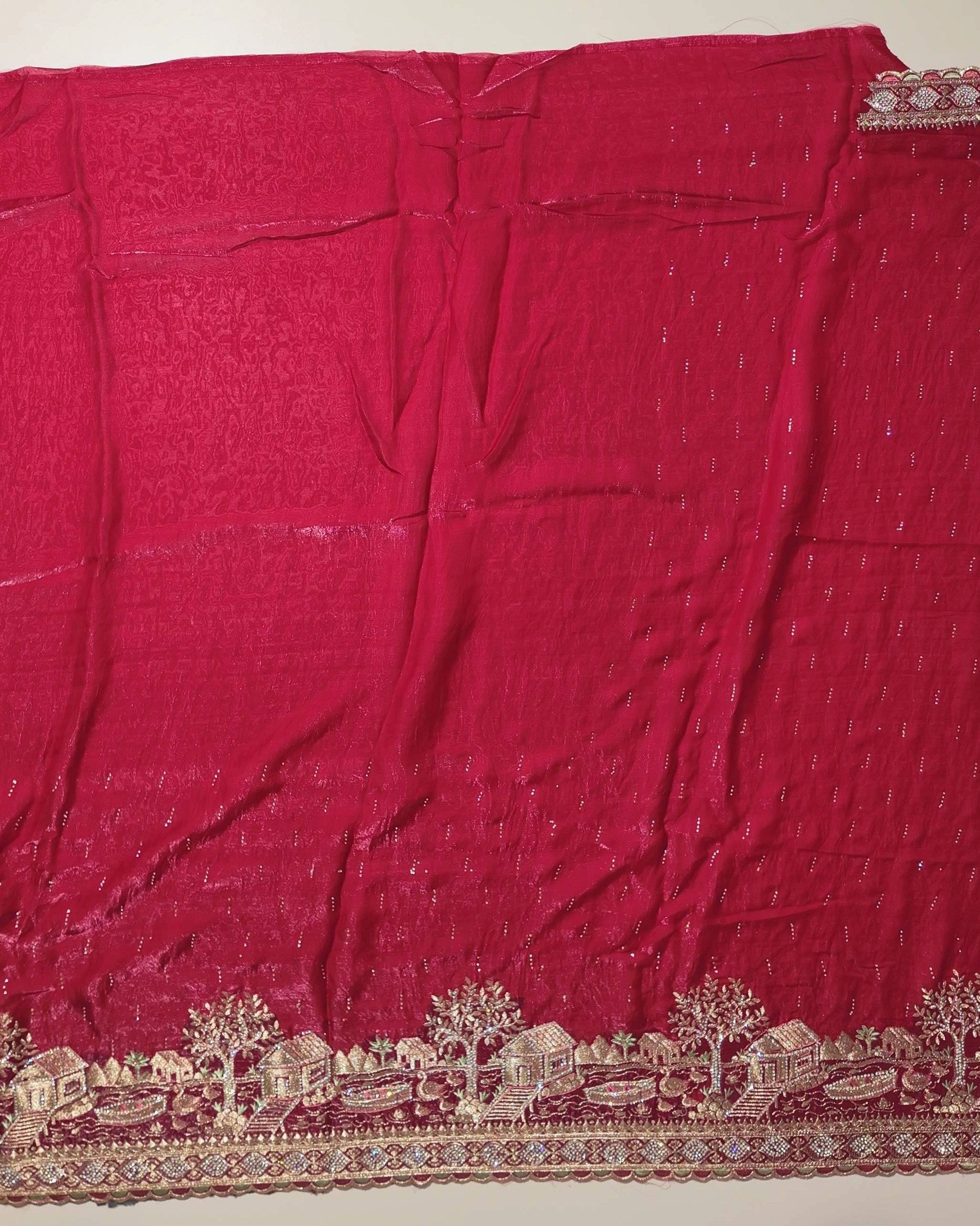 Elegant Red Velvet Saree with Gold Embroidery - Red - Picture 4