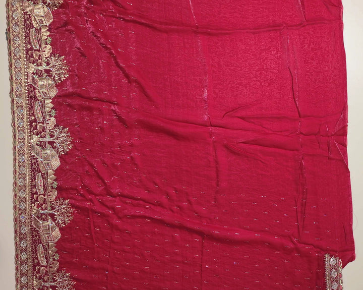 Elegant Red Velvet Saree with Gold Embroidery - Red - Picture 4